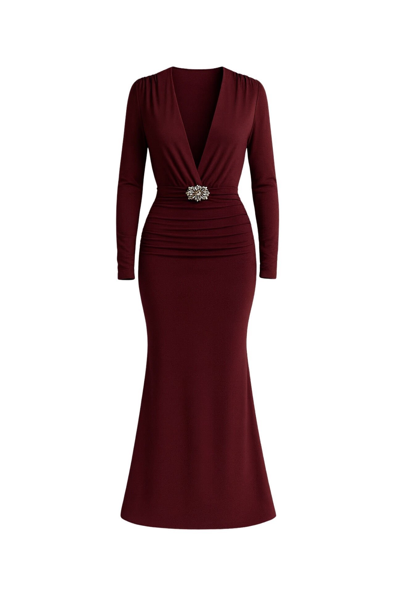 Toptan Aksesuar Detay Omuz ve Bel Büzgülü Bordo Maxi Elbise