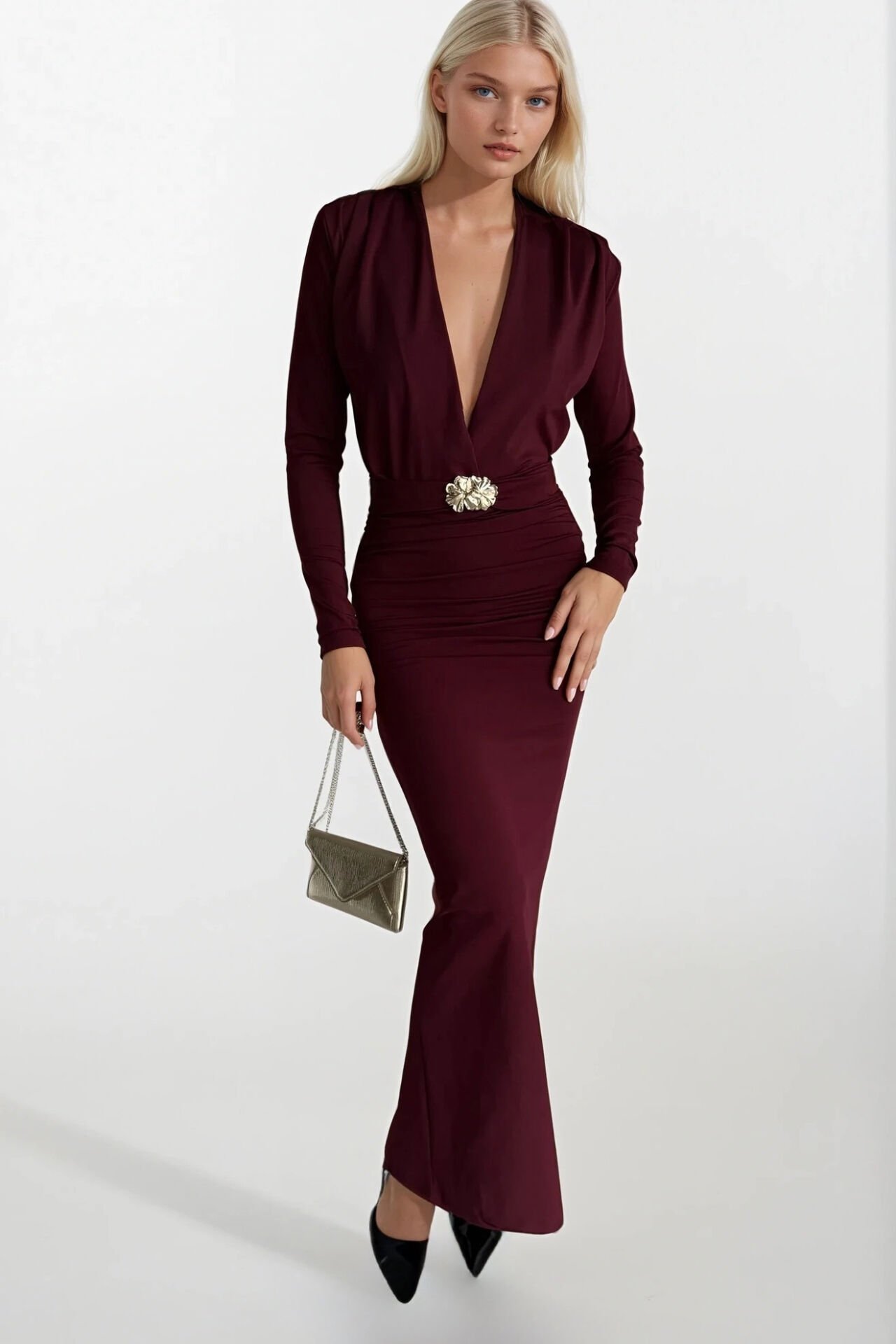 Toptan Aksesuar Detay Omuz ve Bel Büzgülü Bordo Maxi Elbise