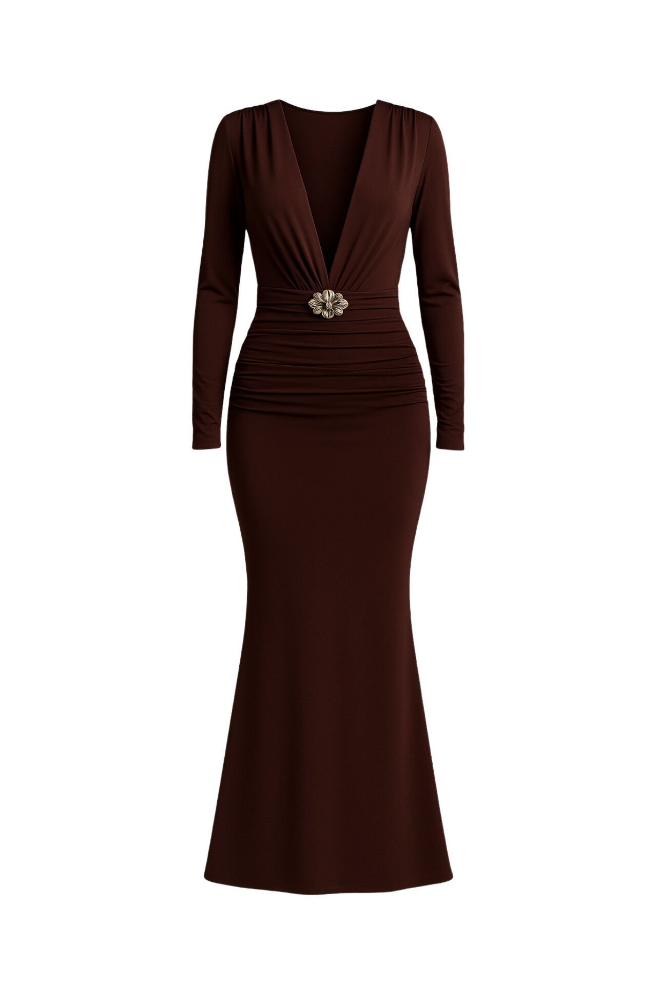 Toptan Aksesuar Detay Omuz ve Bel Büzgülü Kahverengi Maxi Elbise