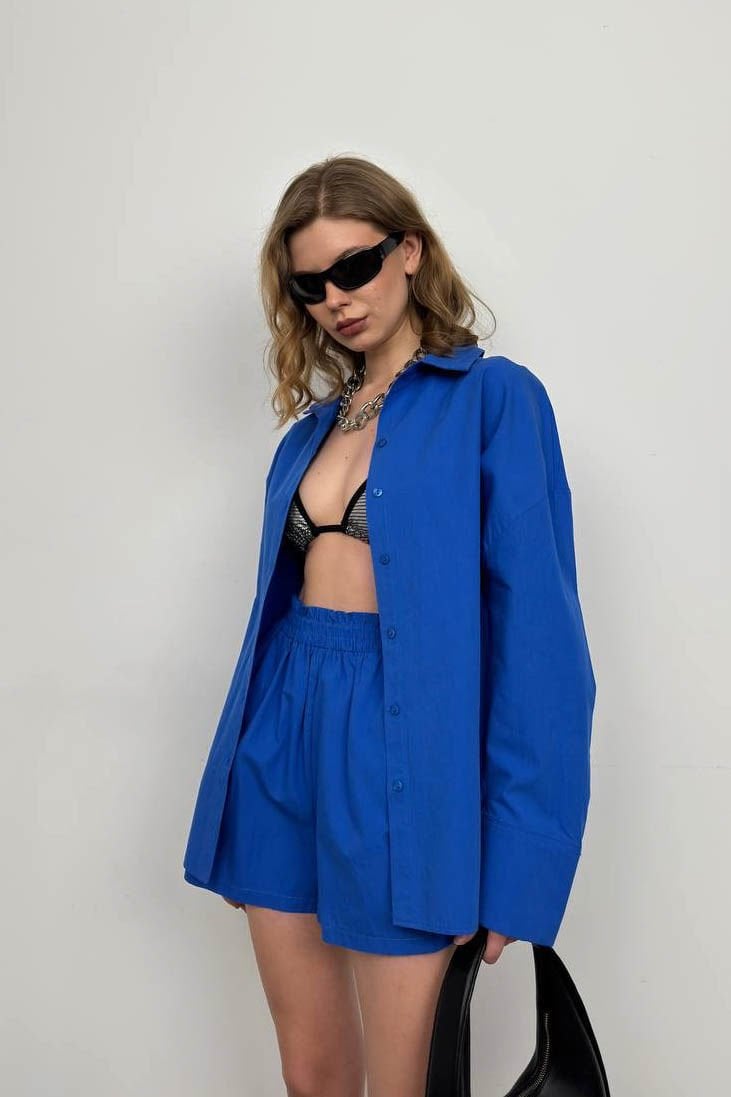 Toptan Oversize Gömlek Büzgülü Saks Şort Takım