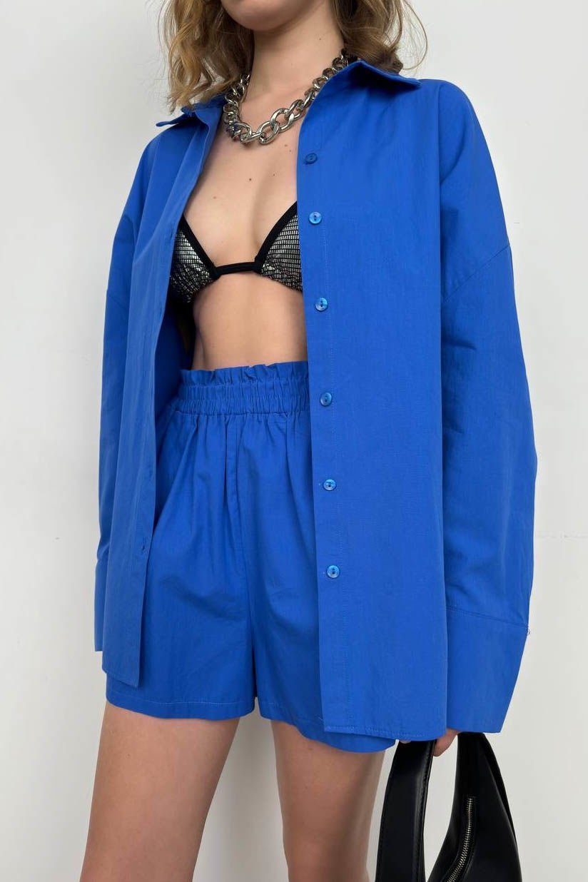 Toptan Oversize Gömlek Büzgülü Saks Şort Takım