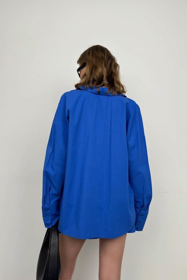 Toptan Oversize Gömlek Büzgülü Saks Şort Takım