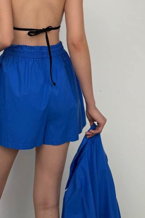Toptan Oversize Gömlek Büzgülü Saks Şort Takım