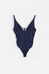 Toptan V Yaka Biye Detay Lacivert Bodysuit