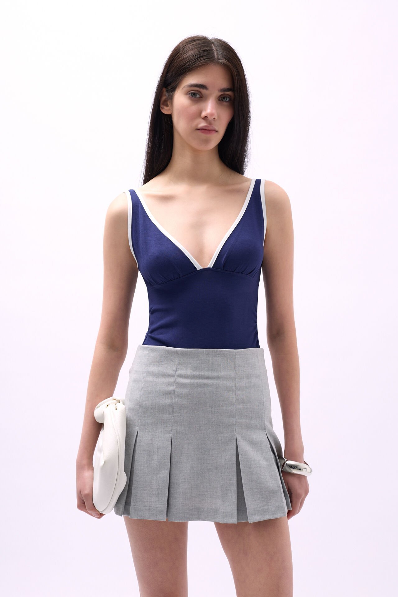 Wholesale V Neck Piping Detail Navy Blue Bodysuit