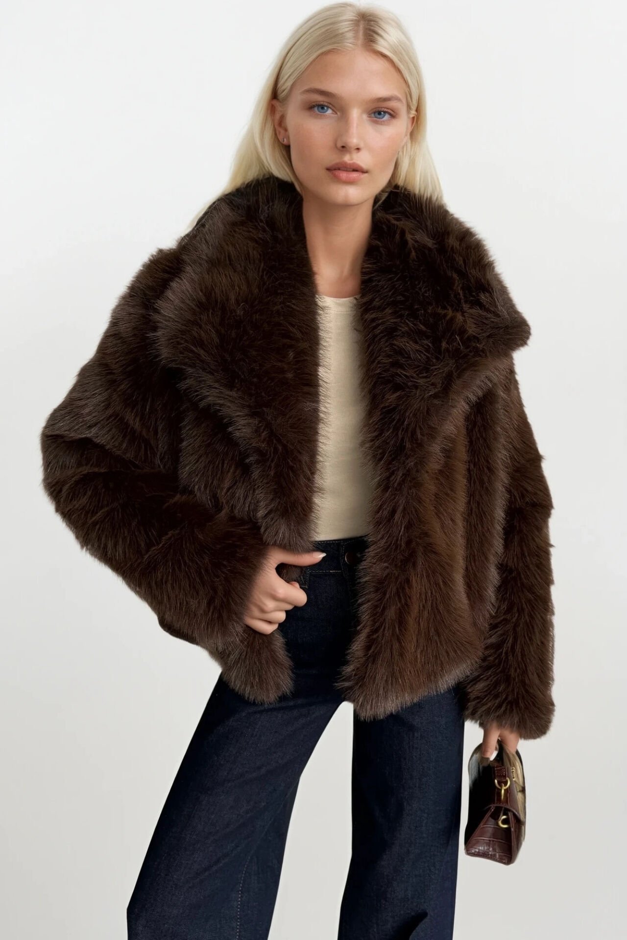 Toptan Şal Yaka Kahverengi Peluş Kürk