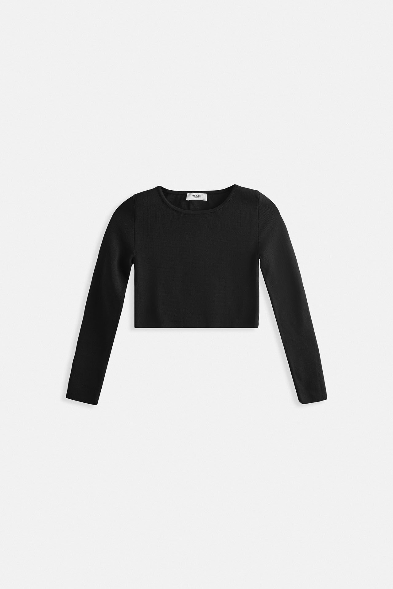 Toptan Bisiklet Yaka Dokulu Siyah Crop