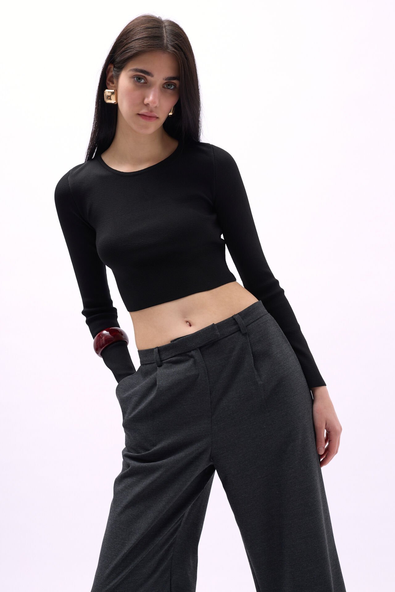Toptan Bisiklet Yaka Dokulu Siyah Crop