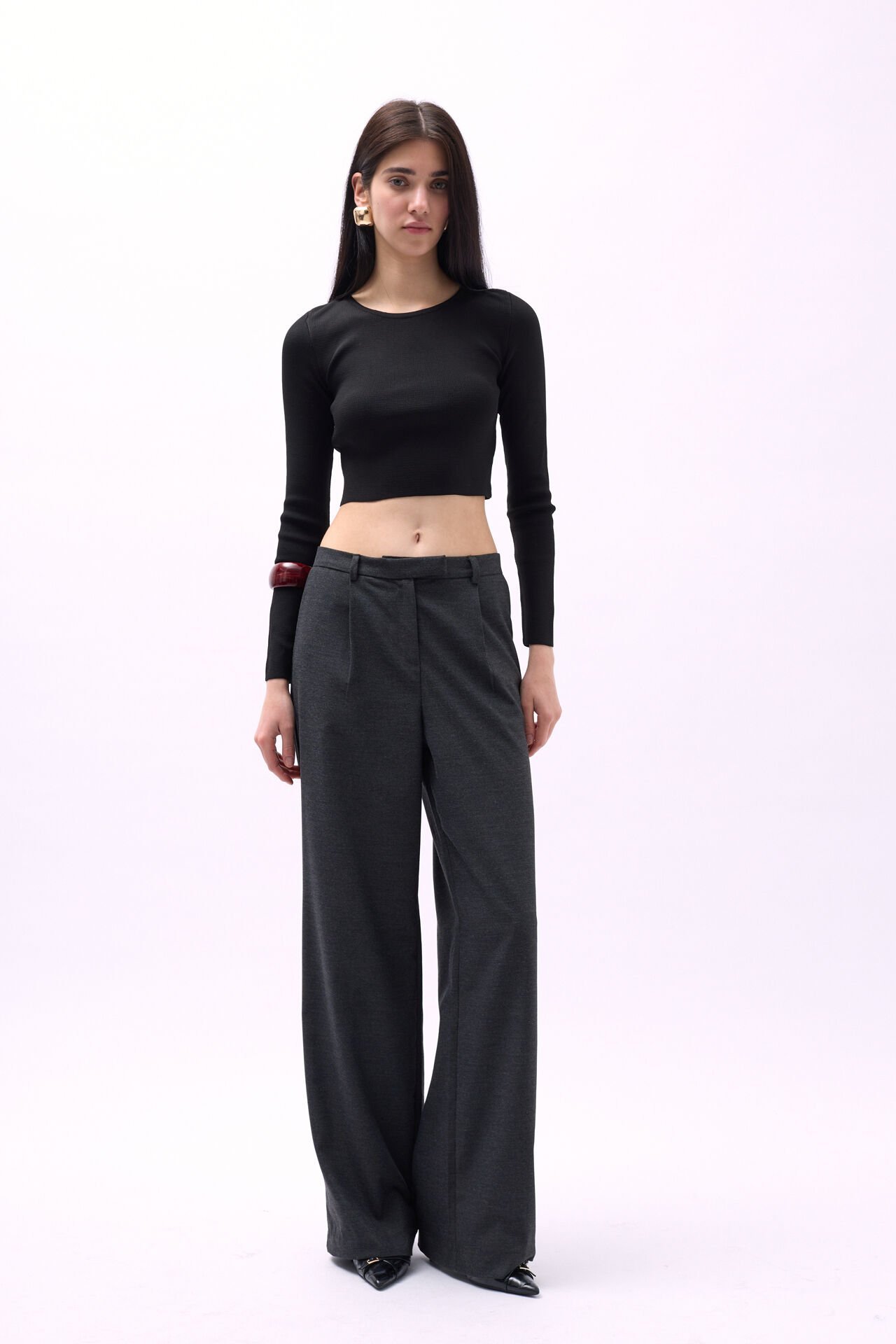 Toptan Bisiklet Yaka Dokulu Siyah Crop