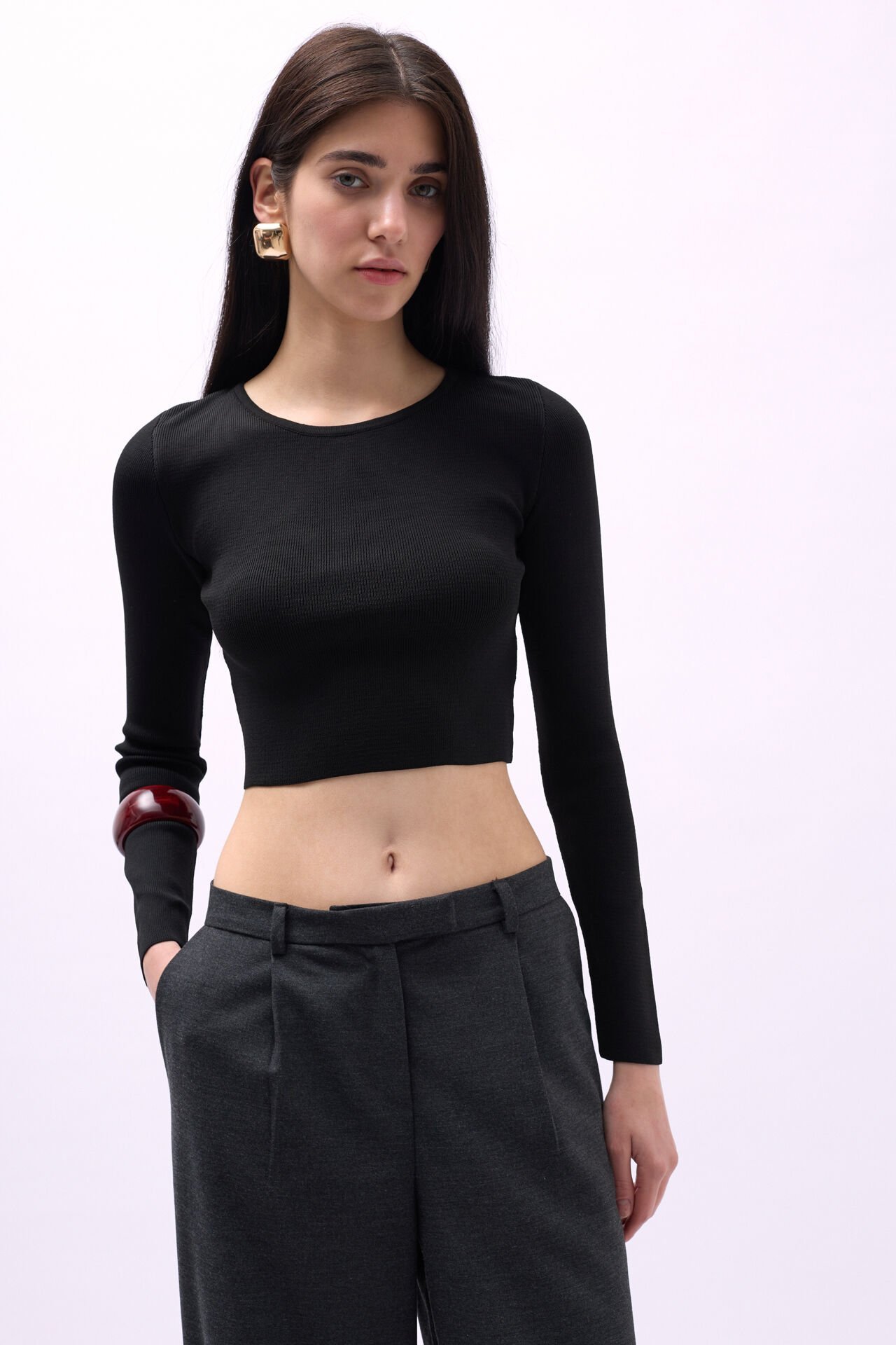 Toptan Bisiklet Yaka Dokulu Siyah Crop