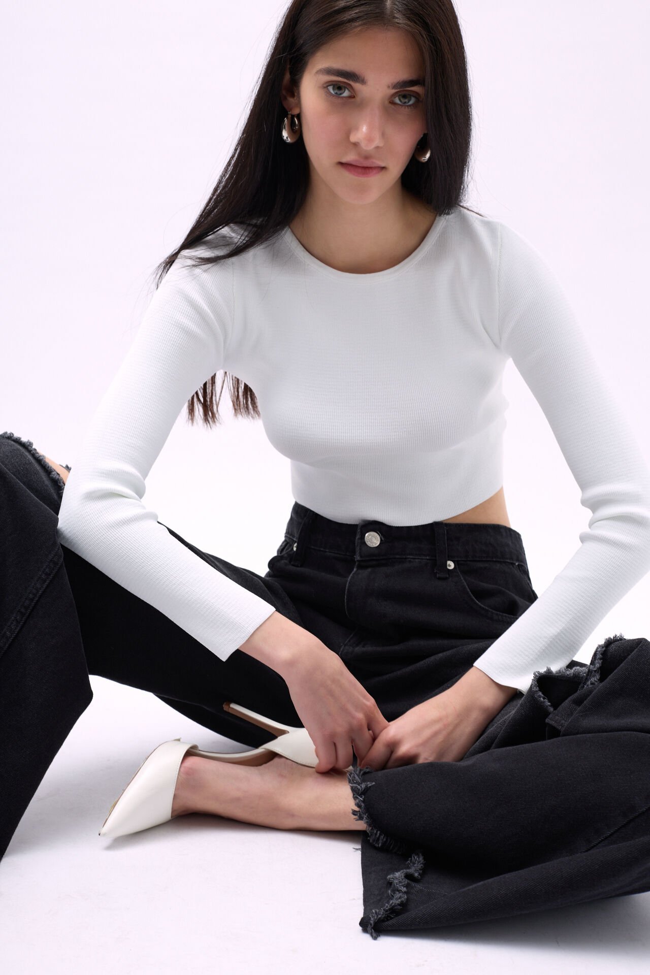 Toptan Bisiklet Yaka Dokulu Beyaz Crop