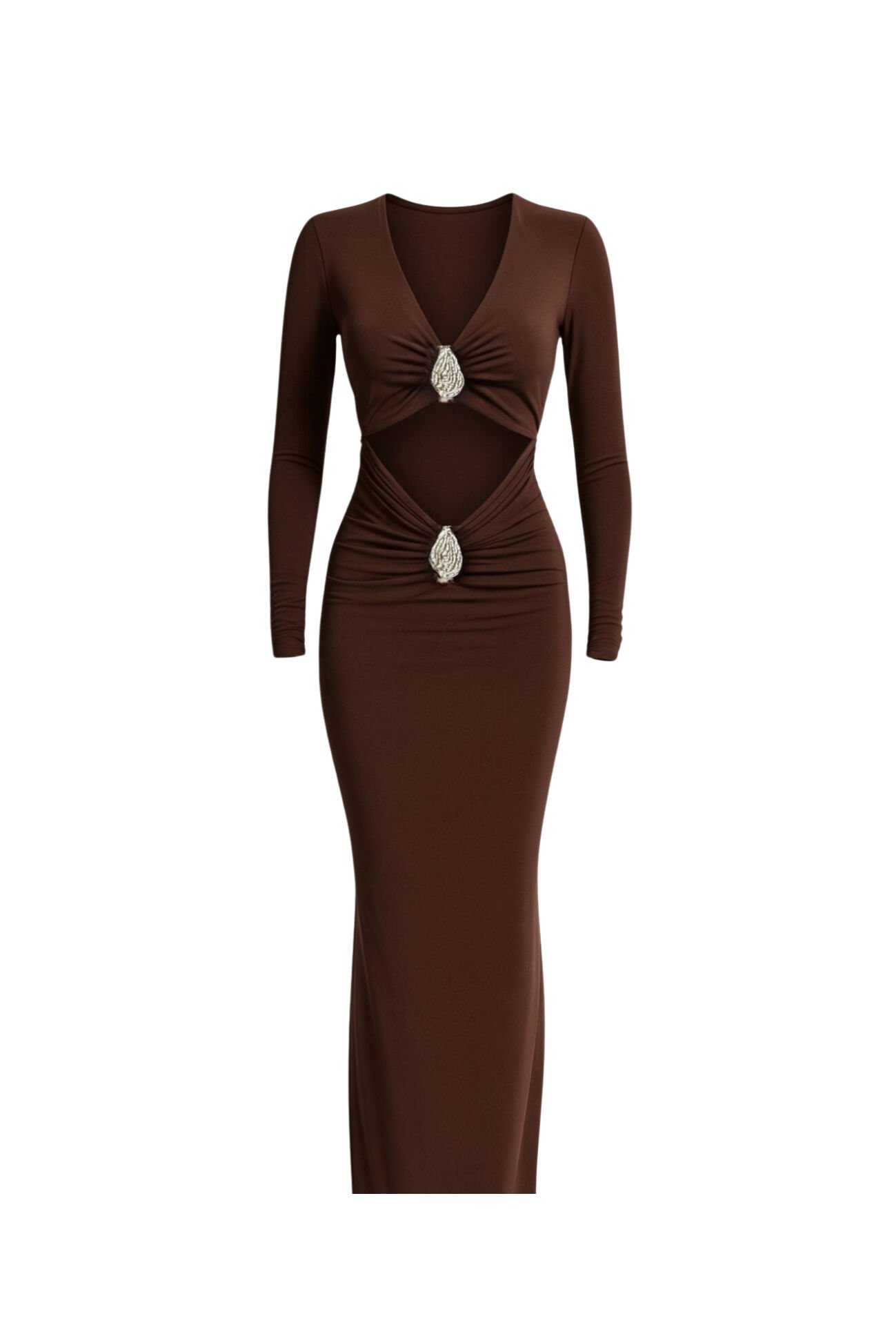 Toptan Aksesuar Detay Bel Dekolteli Kahverengi Maxi Elbise