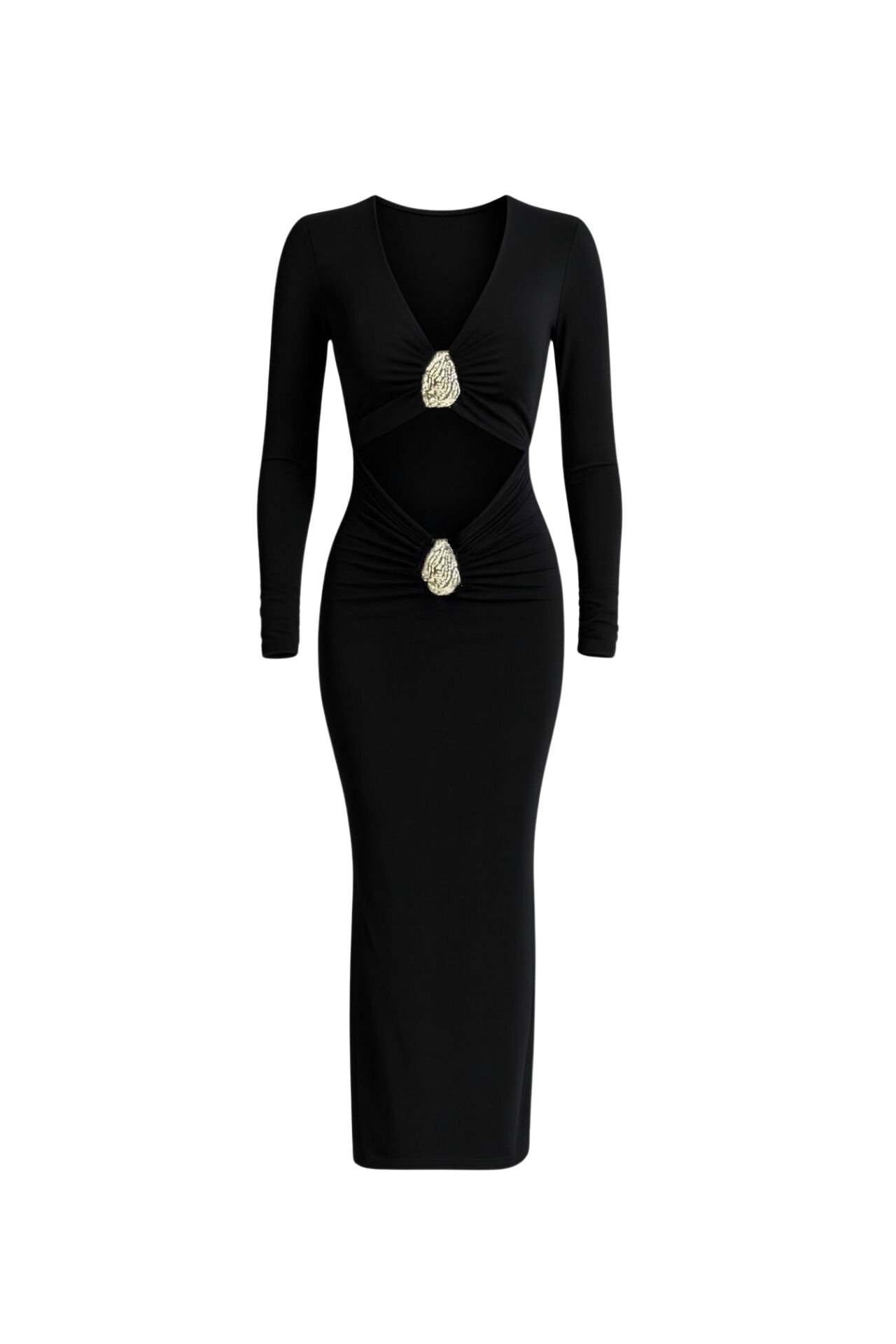 Toptan Aksesuar Detay Bel Dekolteli Siyah Maxi Elbise