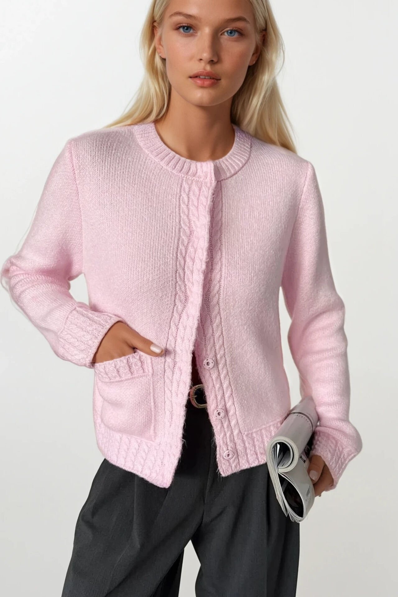 Toptan Tek Cepli Çıtçıtlı Pembe Triko Hırka