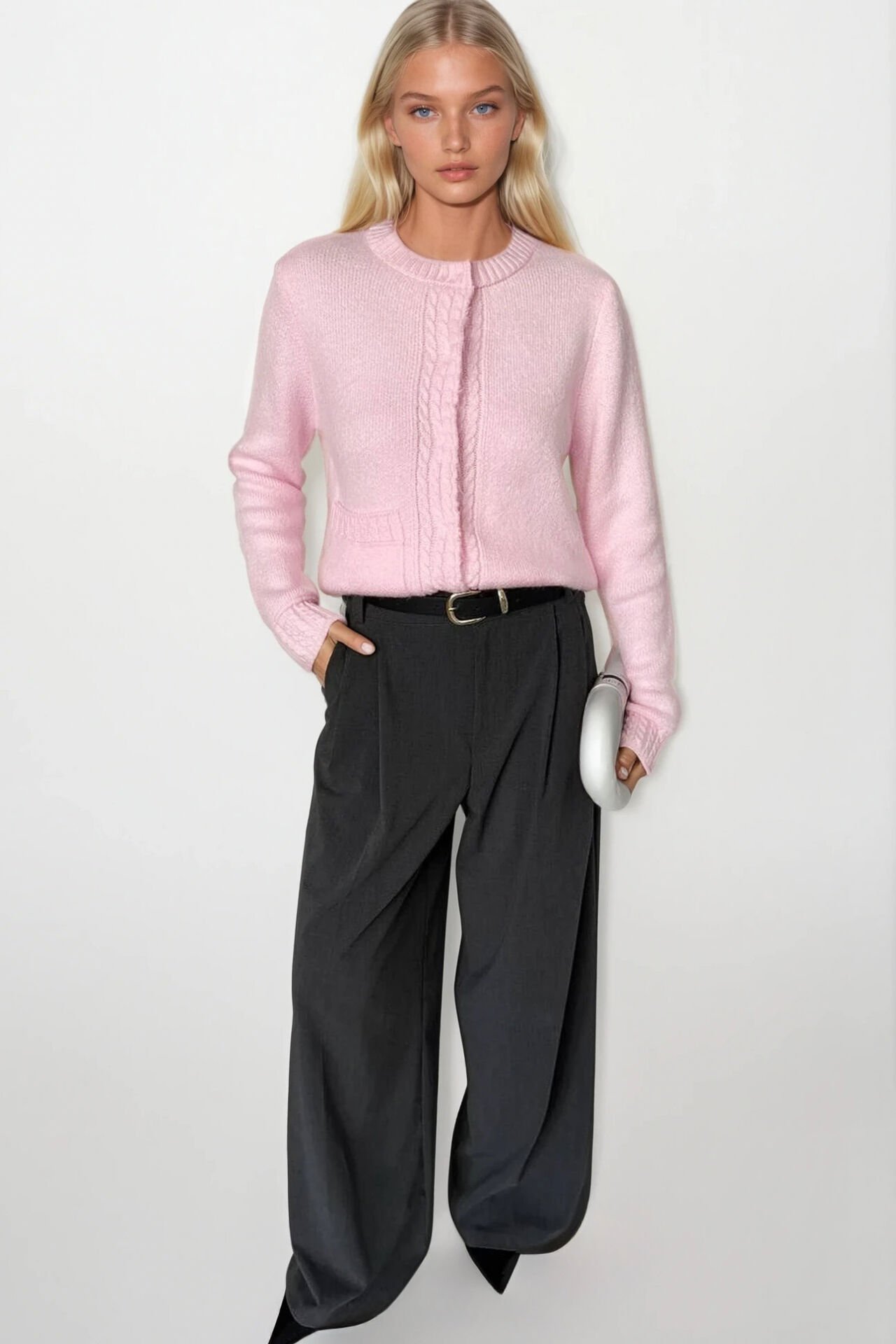 Toptan Tek Cepli Çıtçıtlı Pembe Triko Hırka