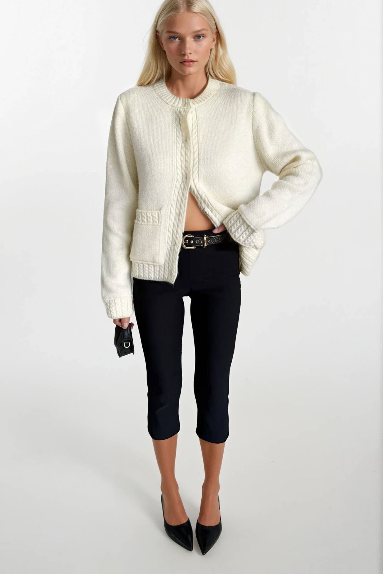 Toptan Tek Cepli Çıtçıtlı Ekru Triko Hırka