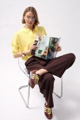 Toptan V Yaka Crop Sarı Bluz