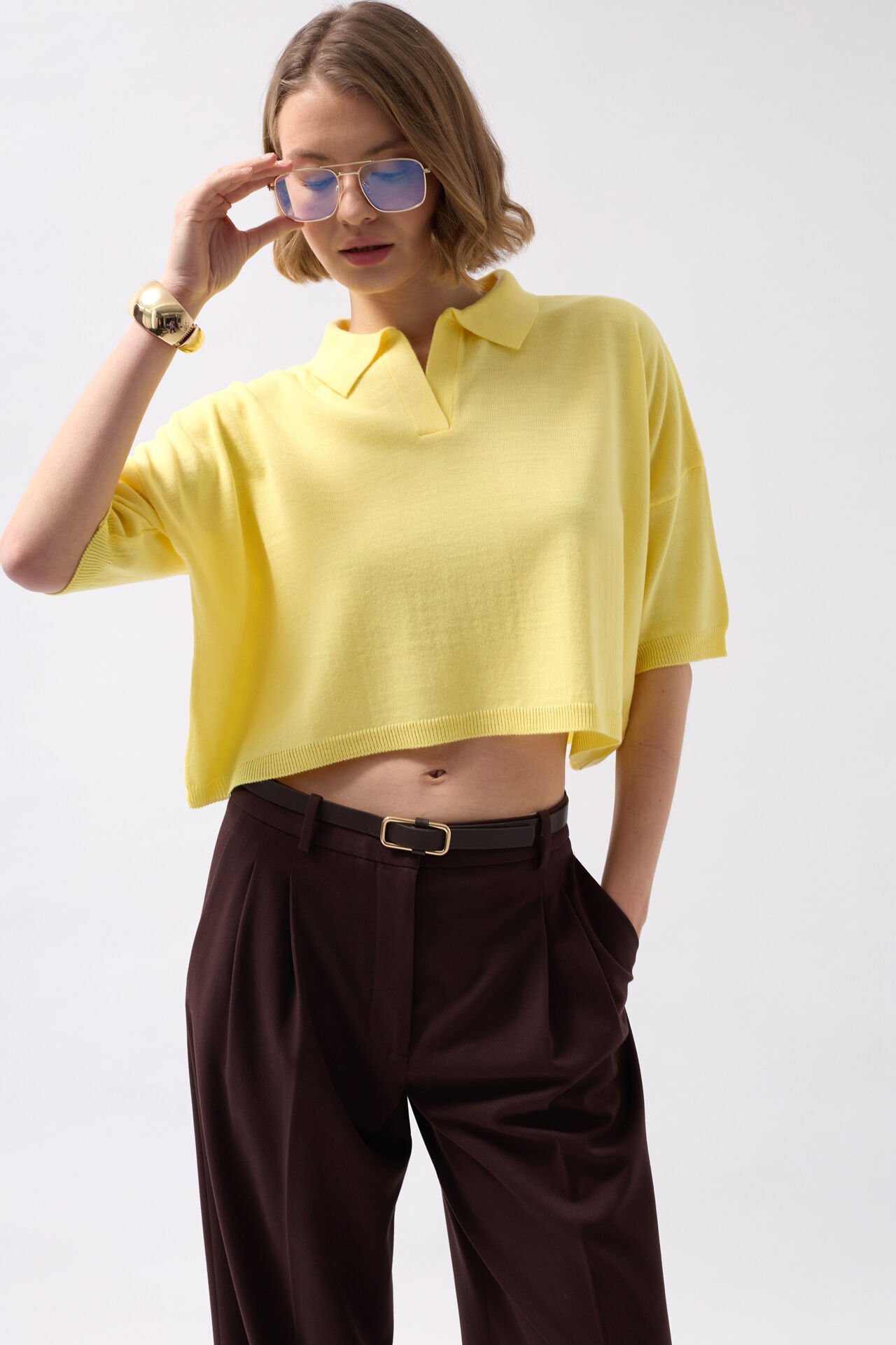 Wholesale V Neck Crop Yellow Blouse