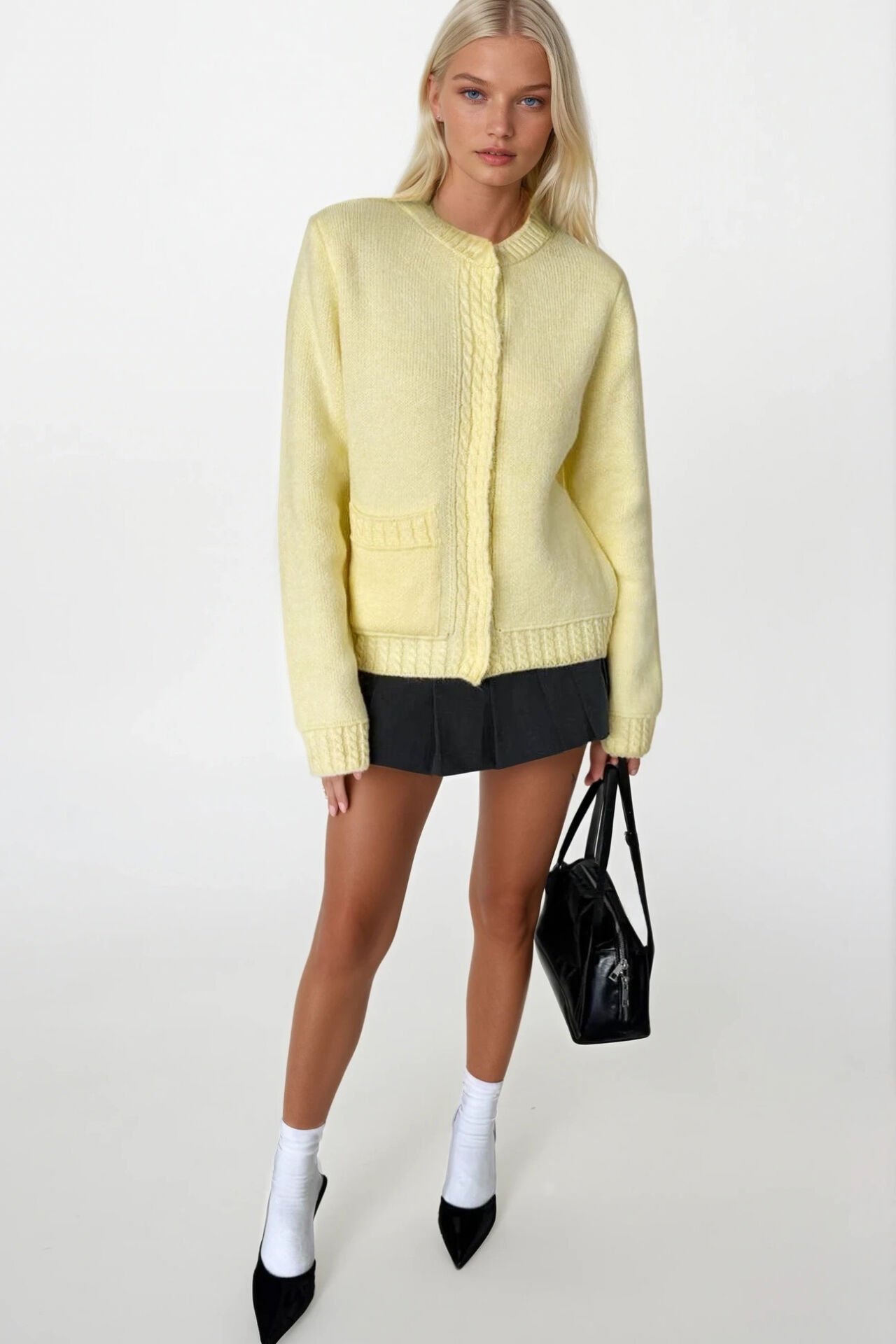 Toptan Tek Cepli Çıtçıtlı Sarı Triko Hırka