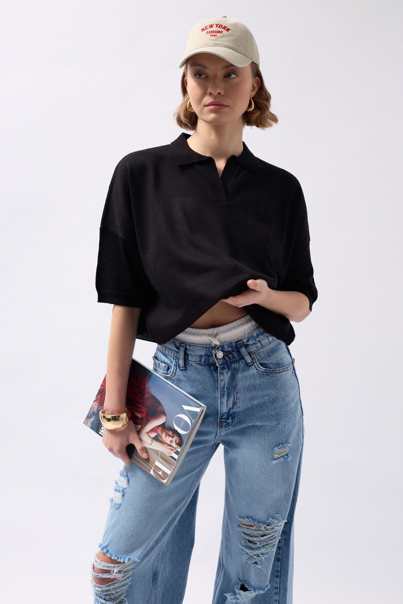 Wholesale V Neck Crop Black Blouse