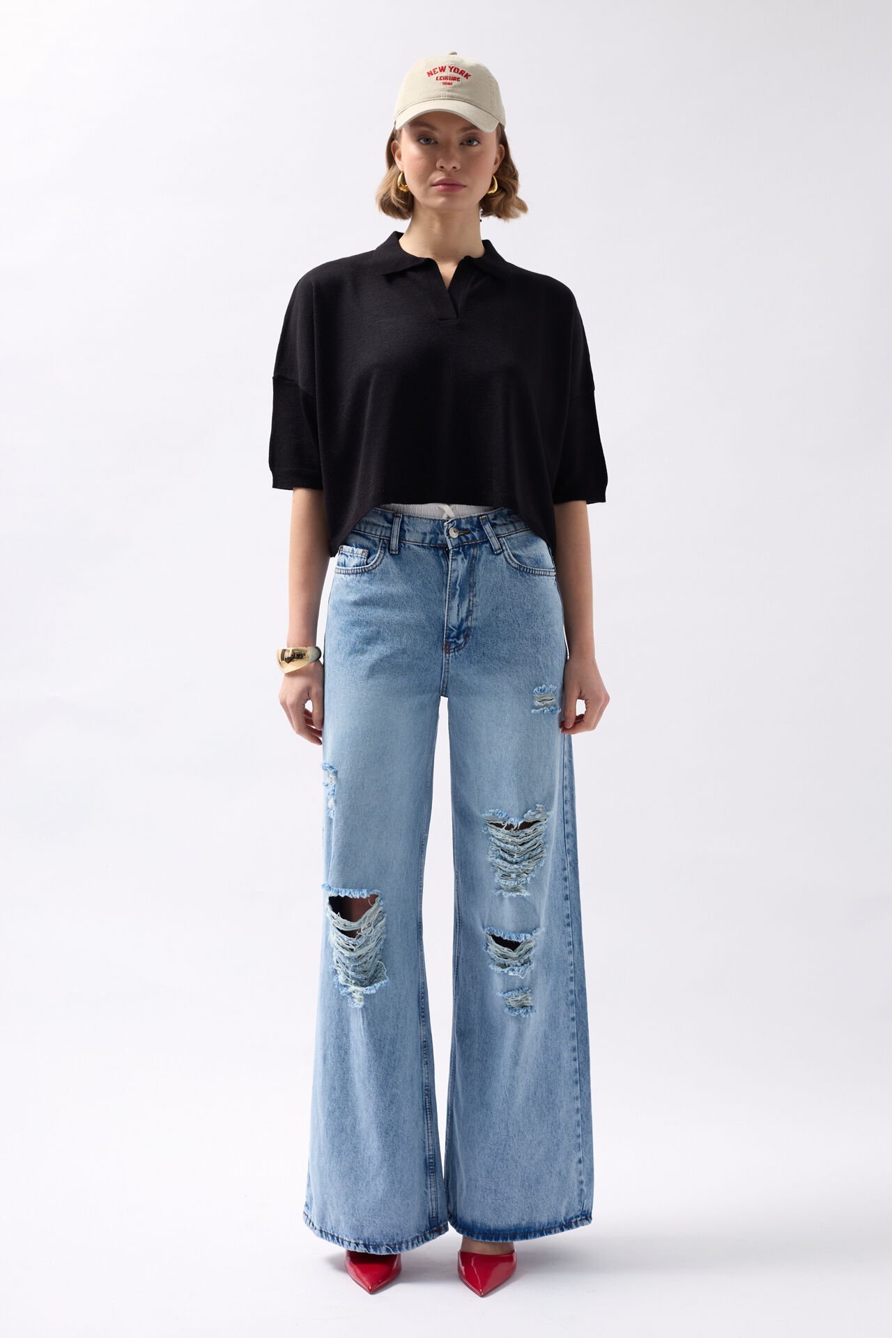 Wholesale V Neck Crop Black Blouse