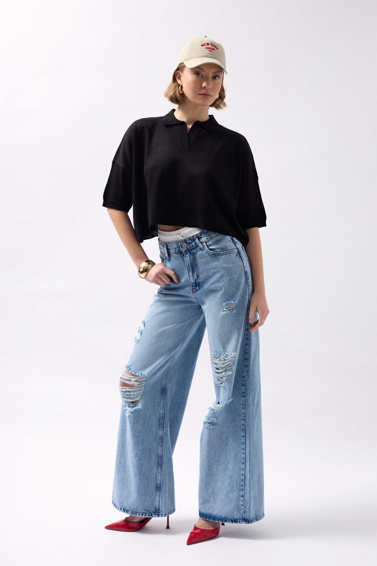 Wholesale V Neck Crop Black Blouse