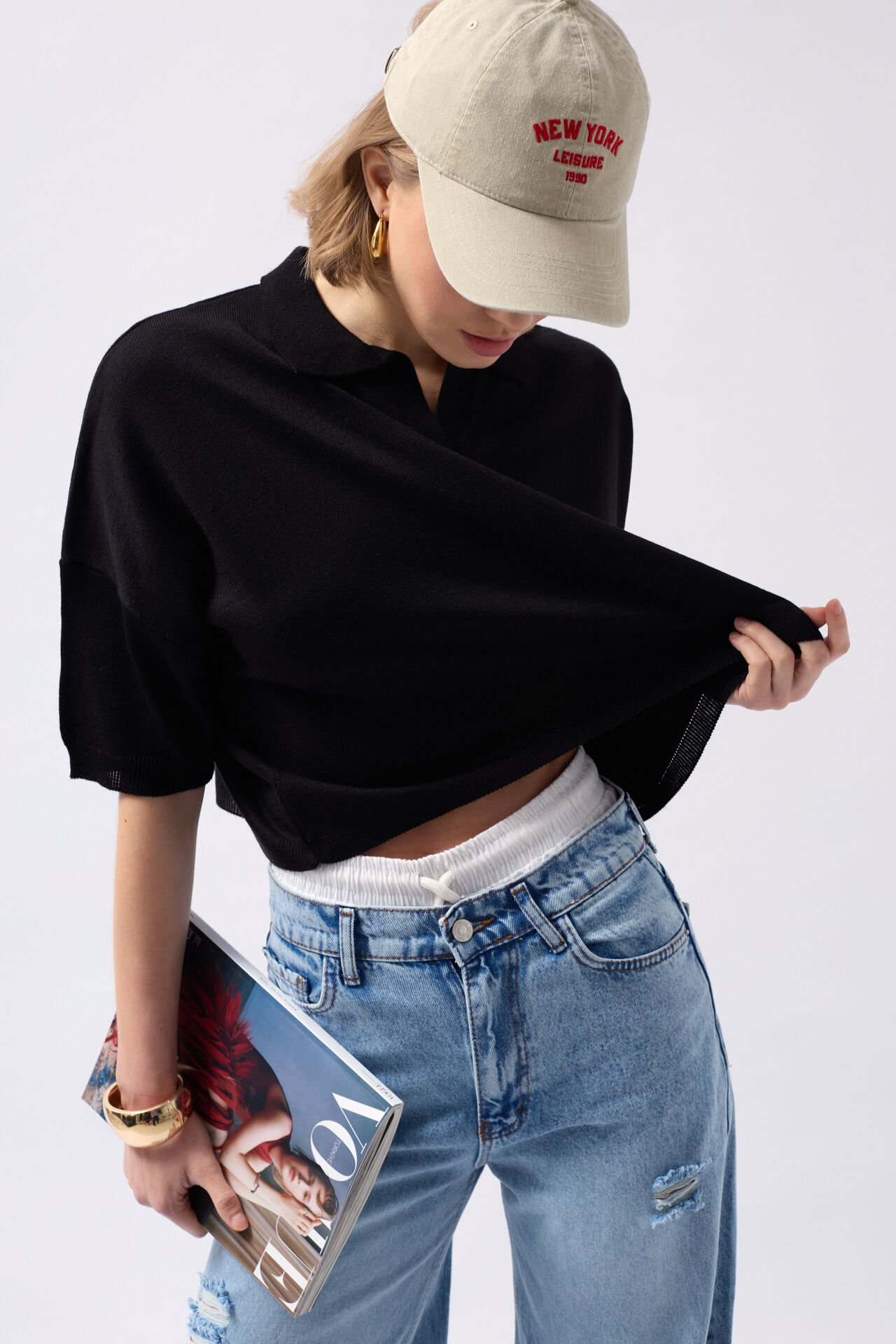 Wholesale V Neck Crop Black Blouse