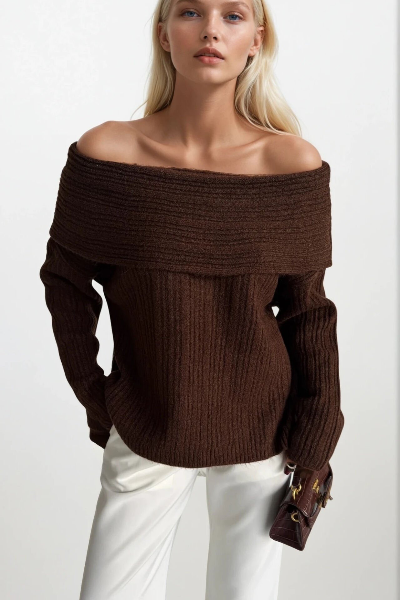 Toptan Madonna Yaka Kahverengi Triko Kazak