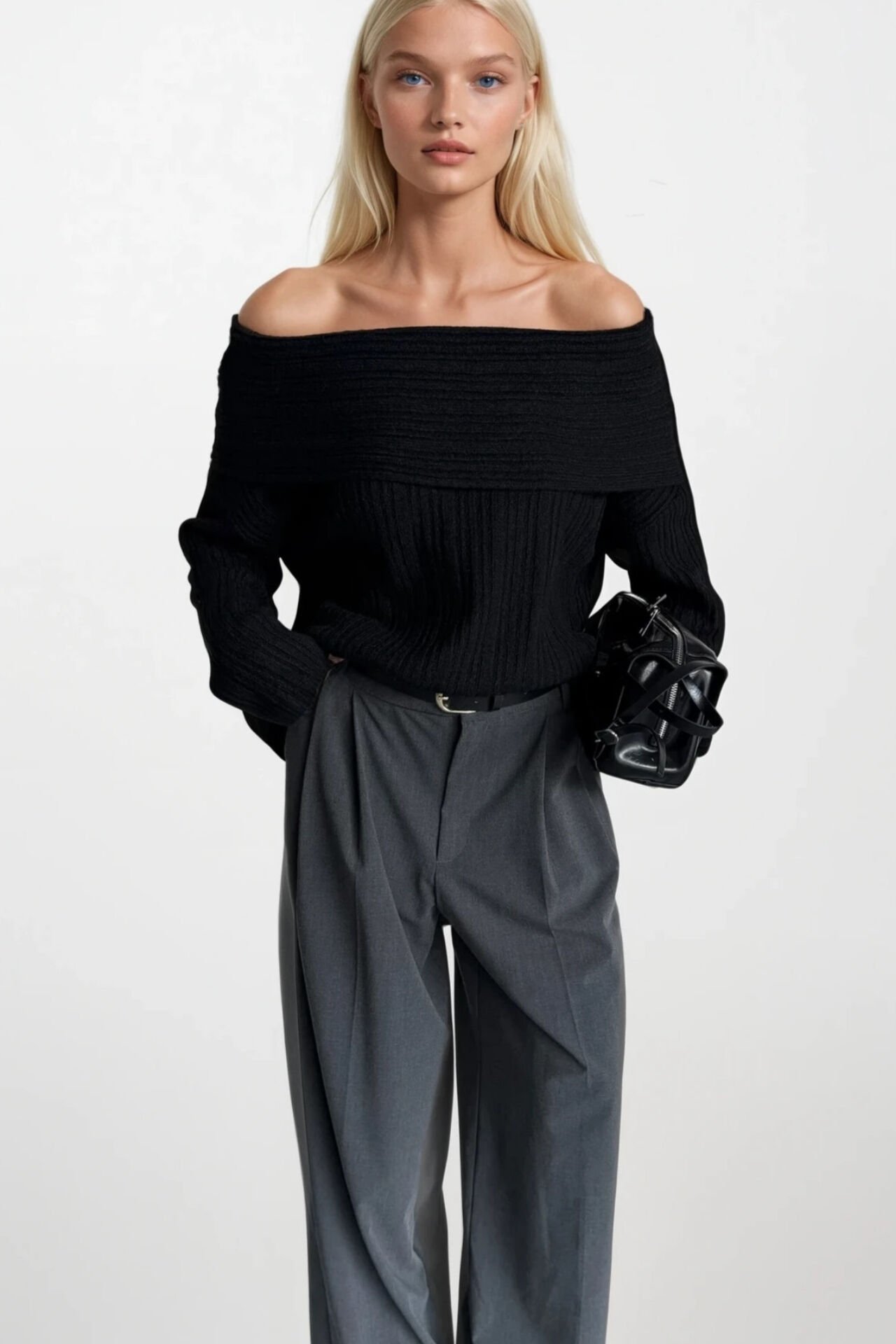 Toptan Madonna Yaka Siyah Triko Kazak