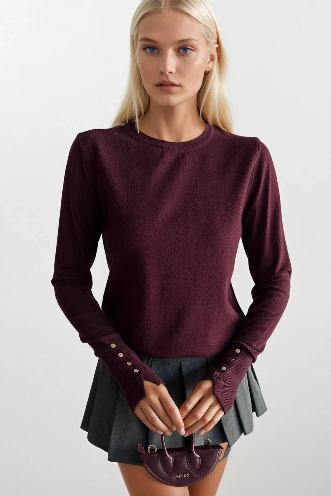 Toptan Düğme Detay Balıkçı Yaka Bordo Bluz