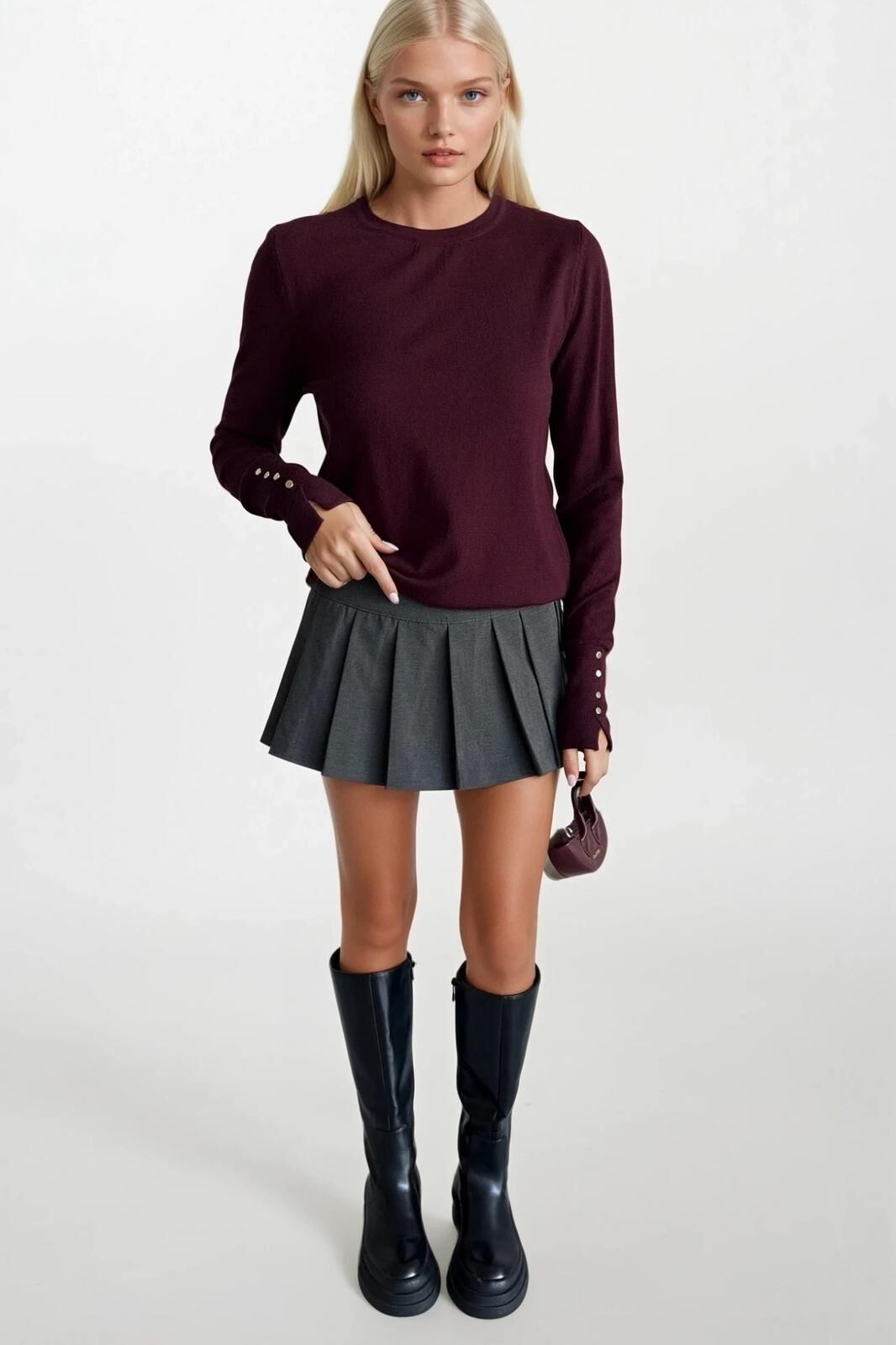 Toptan Düğme Detay Balıkçı Yaka Bordo Bluz