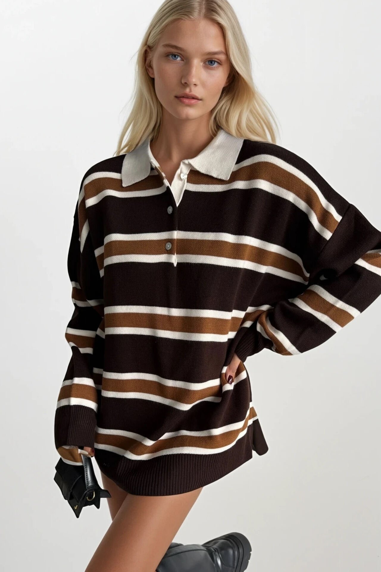 Toptan Çizgili Düğmeli Polo Yaka Kahverengi Triko Bluz