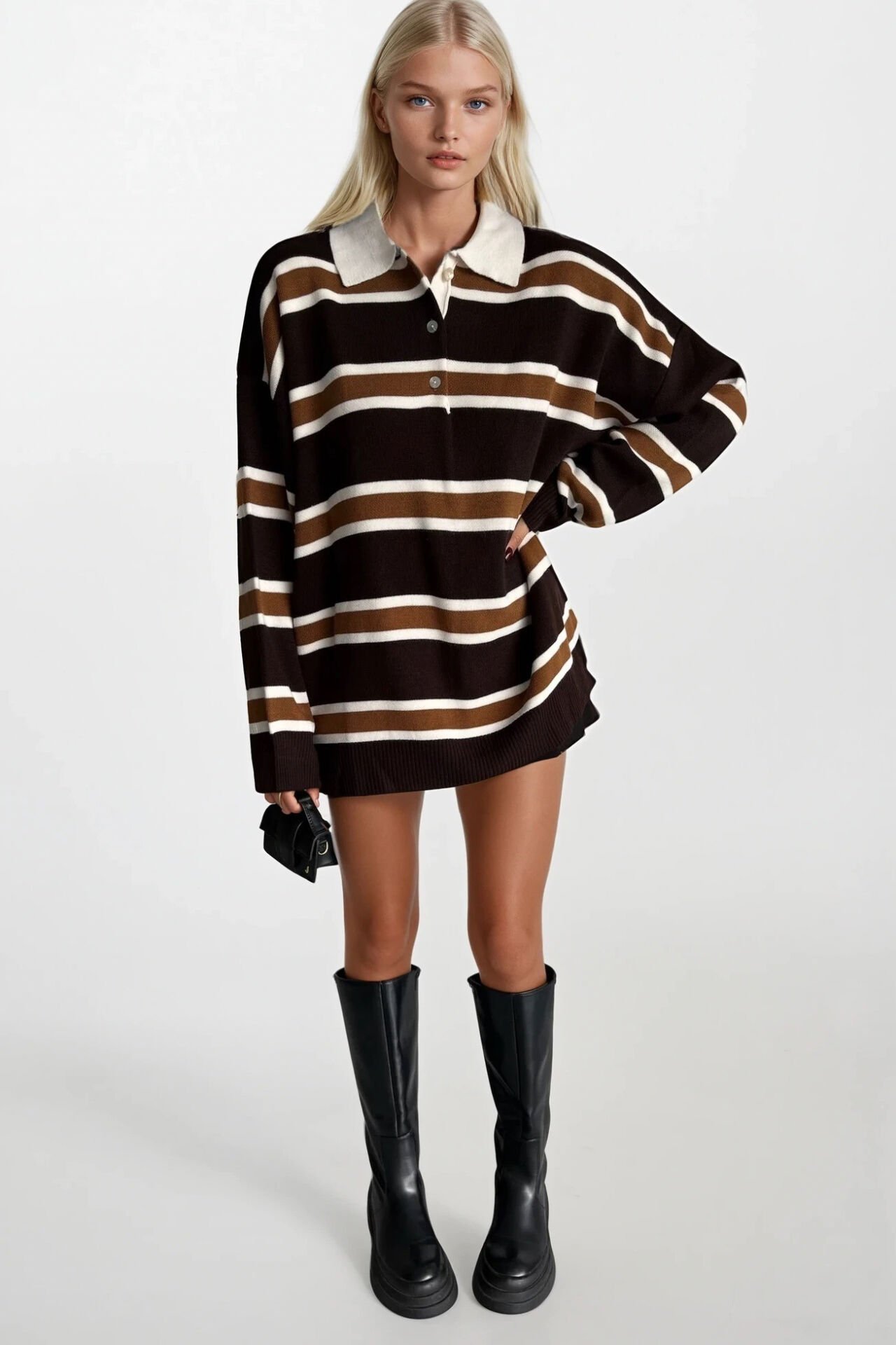 Toptan Çizgili Düğmeli Polo Yaka Kahverengi Triko Bluz