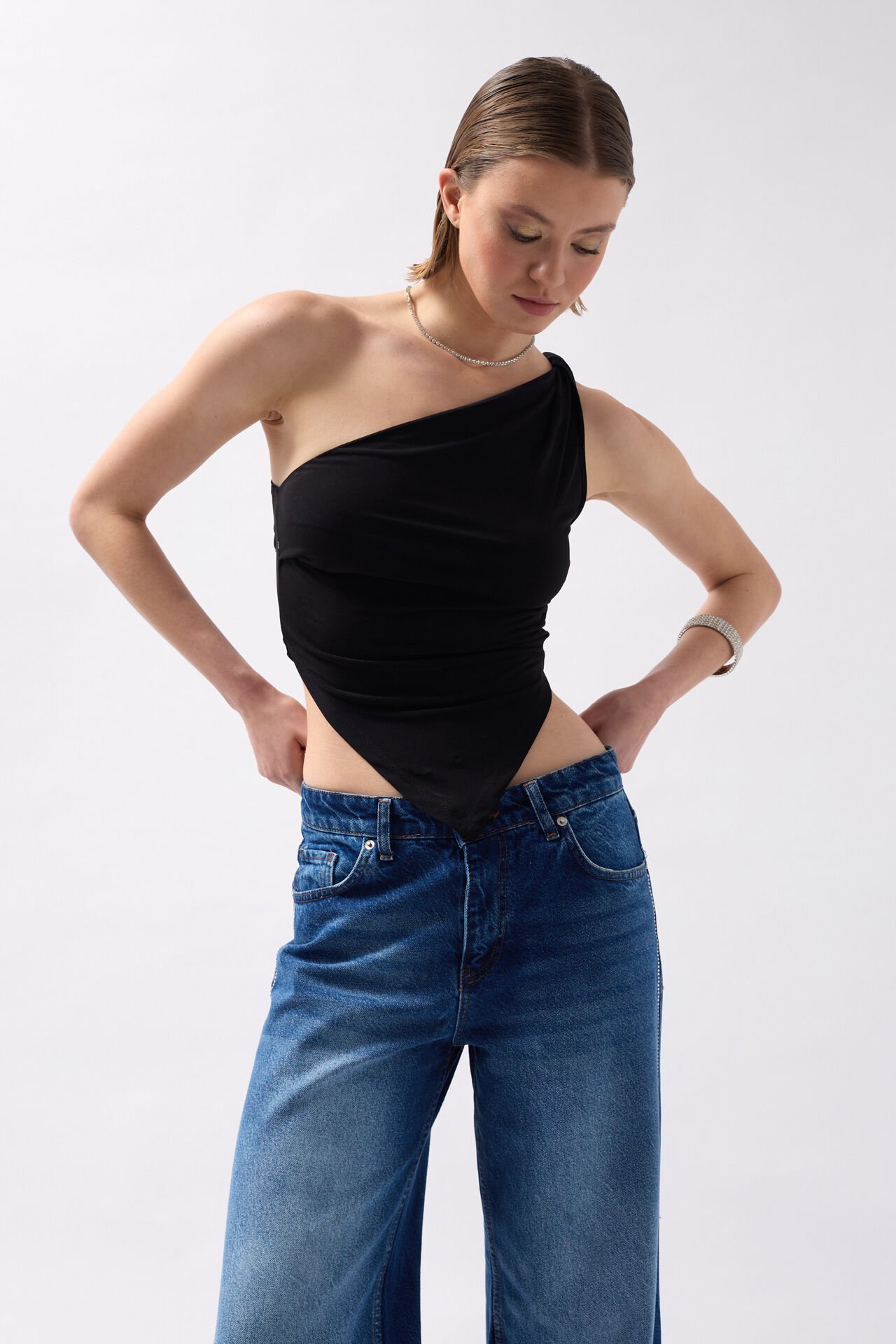 Wholesale Asymmetrical Detail Black Blouse