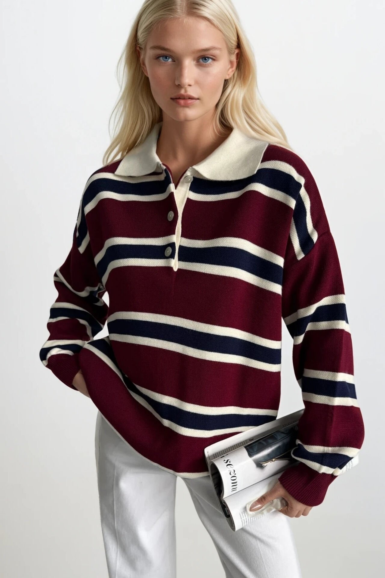 Toptan Çizgili Düğmeli Polo Yaka Bordo Triko Bluz