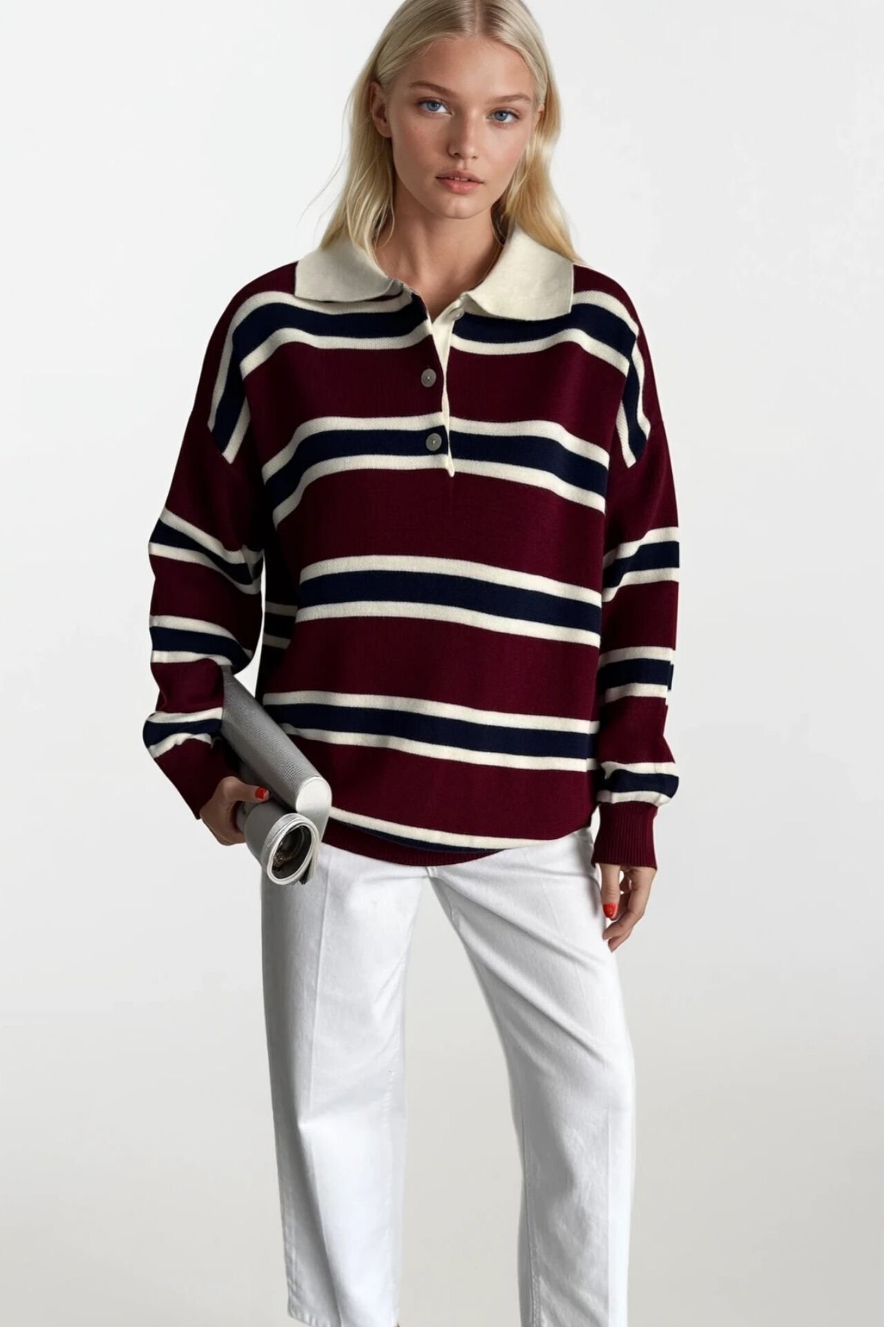 Toptan Çizgili Düğmeli Polo Yaka Bordo Triko Bluz