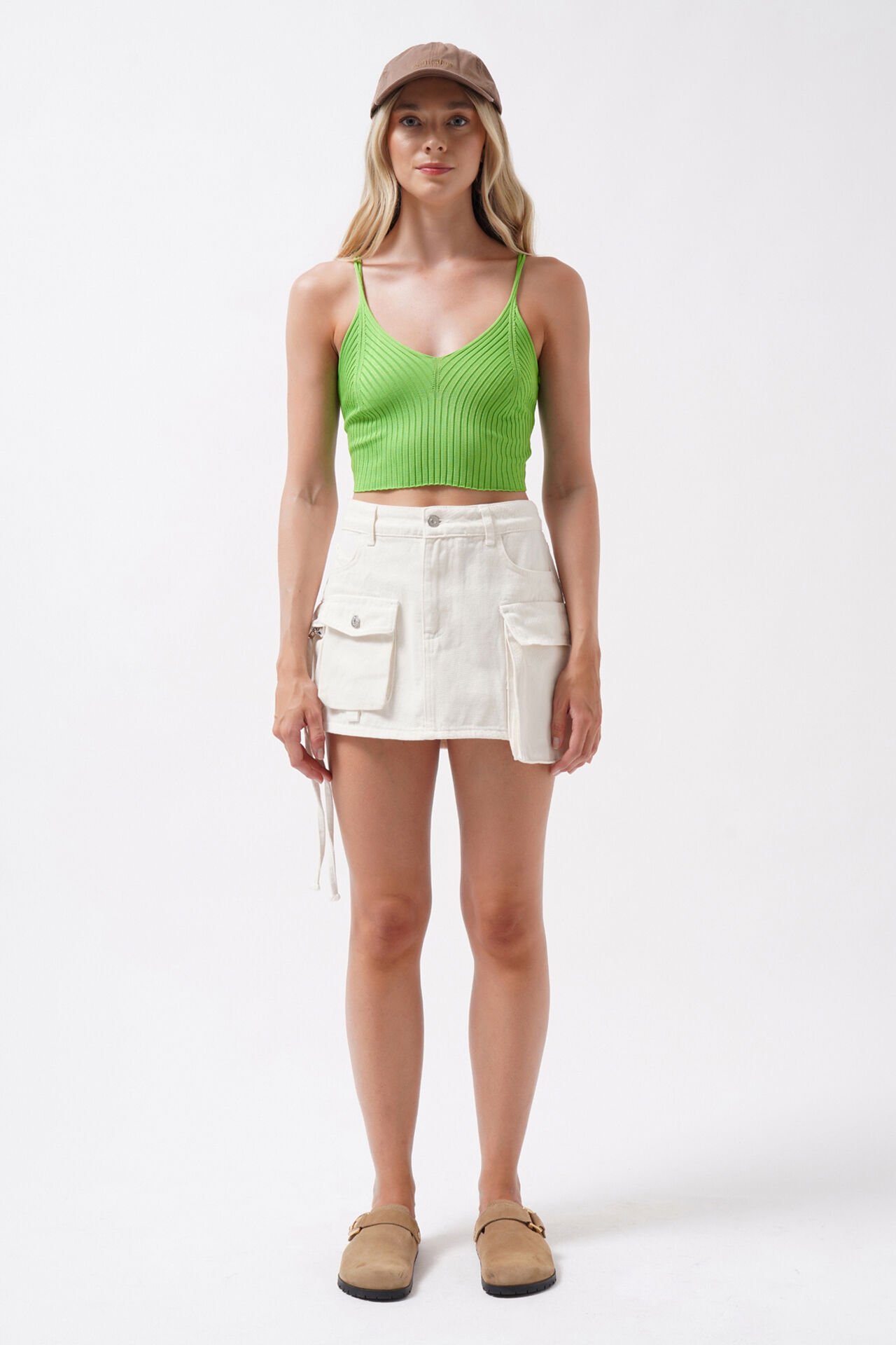 Toptan V Yaka Yeşil Crop Bluz