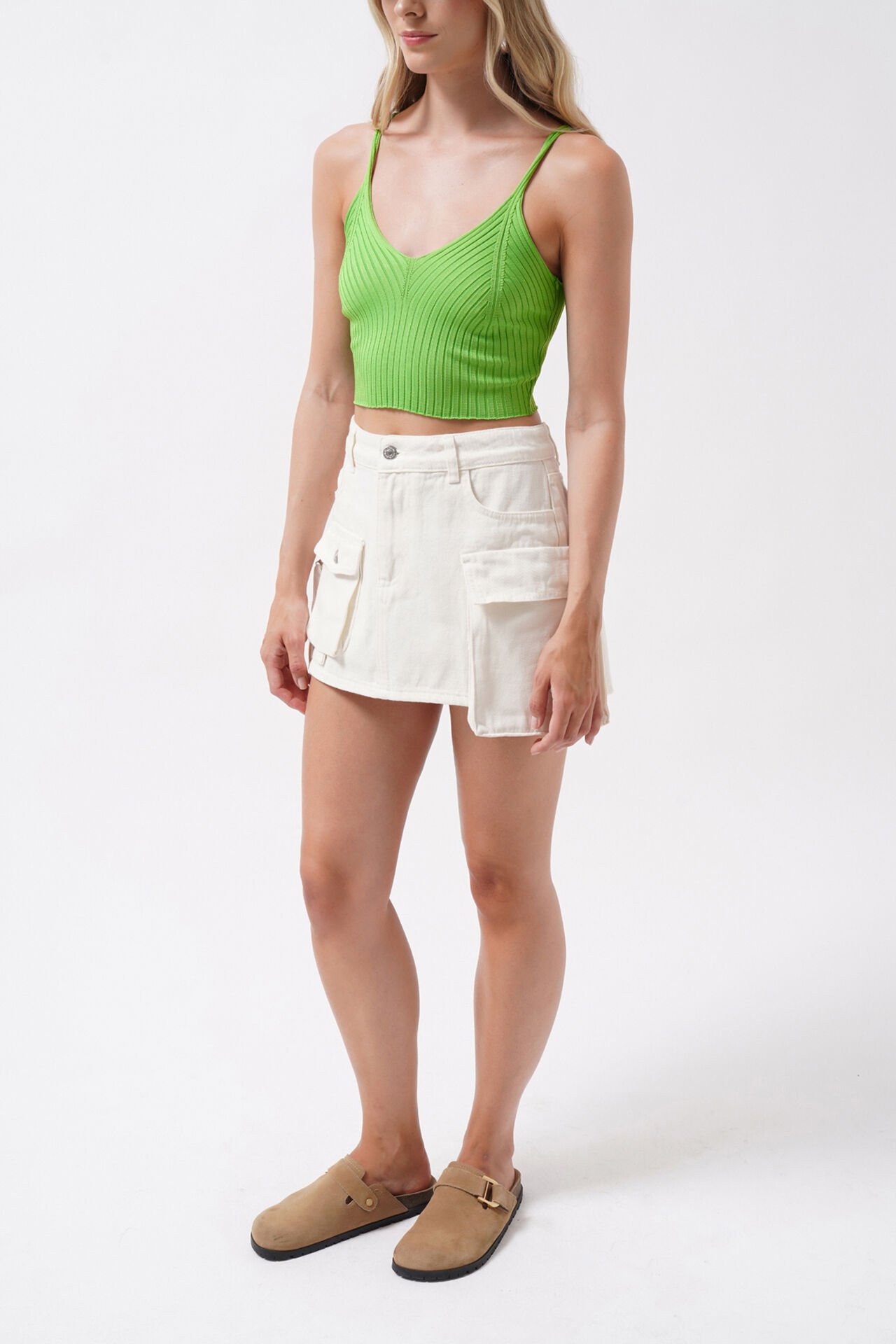 Toptan V Yaka Yeşil Crop Bluz