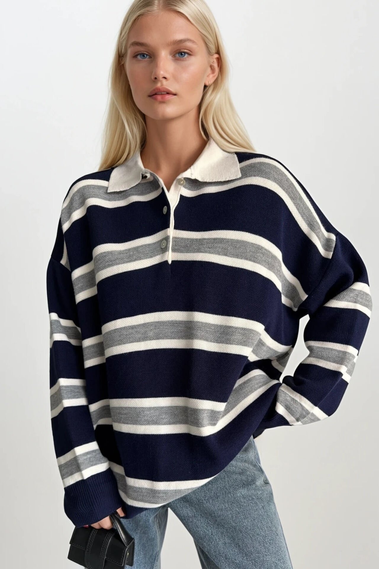 Toptan Çizgili Düğmeli Polo Yaka Lacivert Triko Bluz