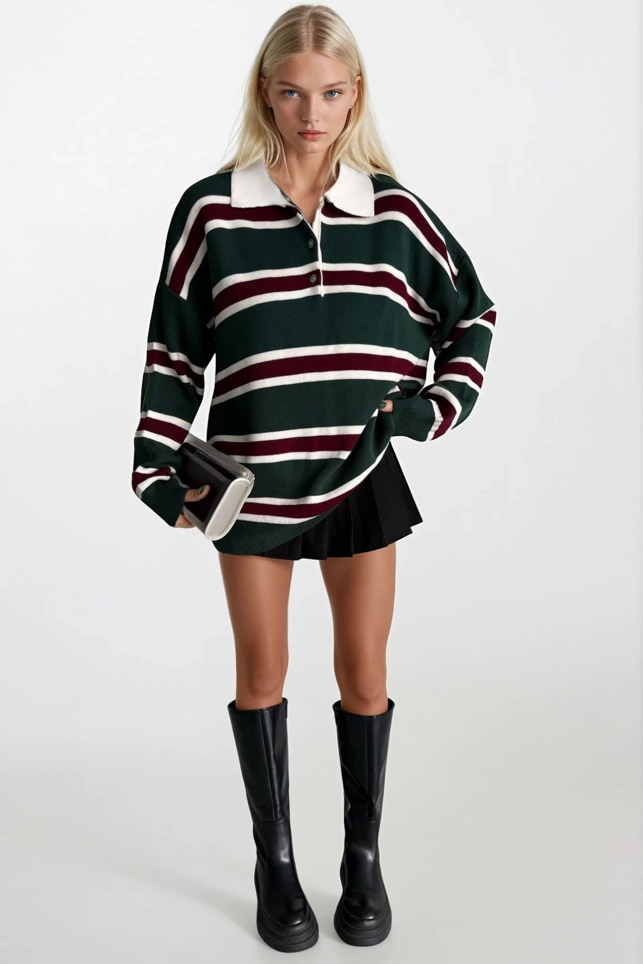 Toptan Çizgili Düğmeli Polo Yaka Yeşil Triko Bluz