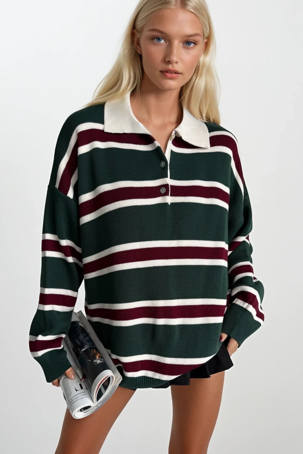 Toptan Çizgili Düğmeli Polo Yaka Yeşil Triko Bluz