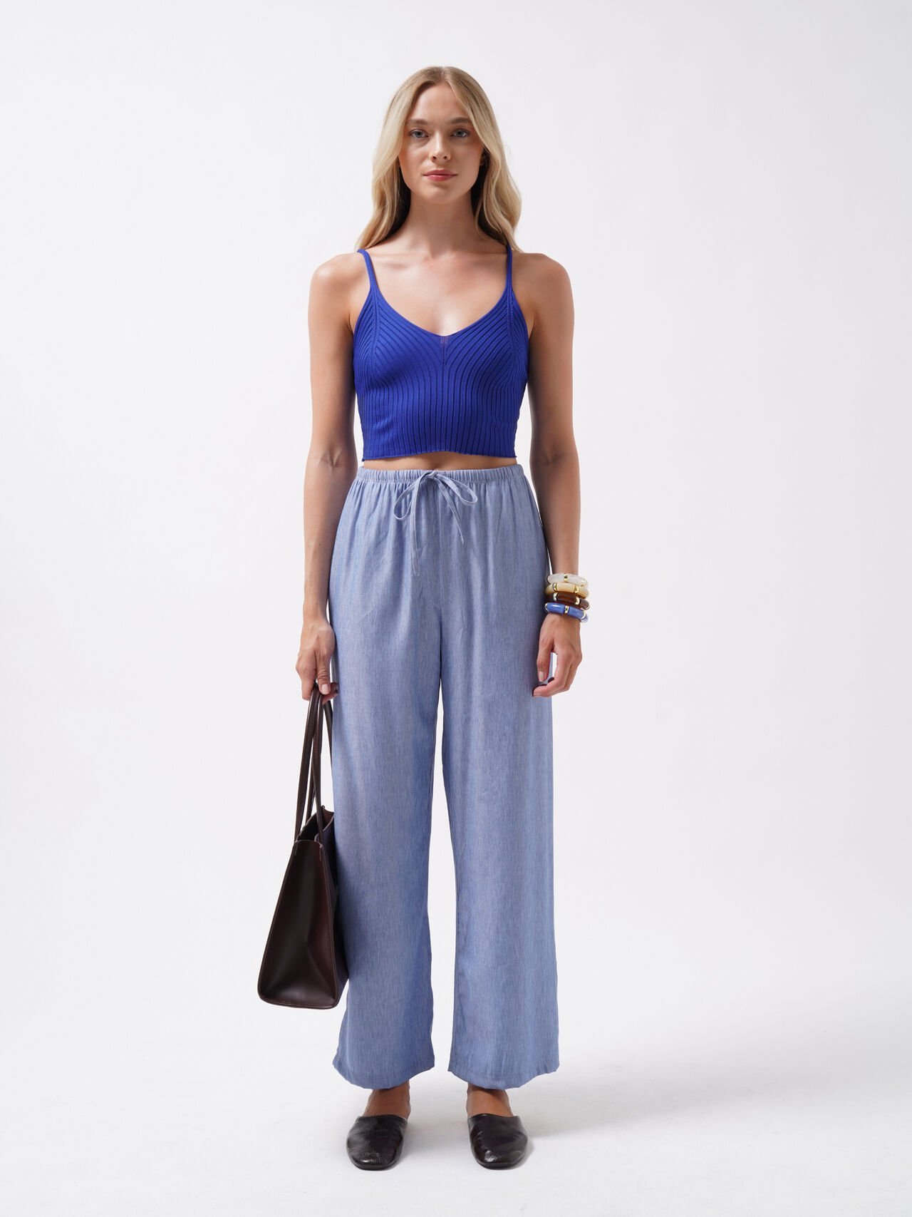 Toptan V Yaka Saks Crop Bluz