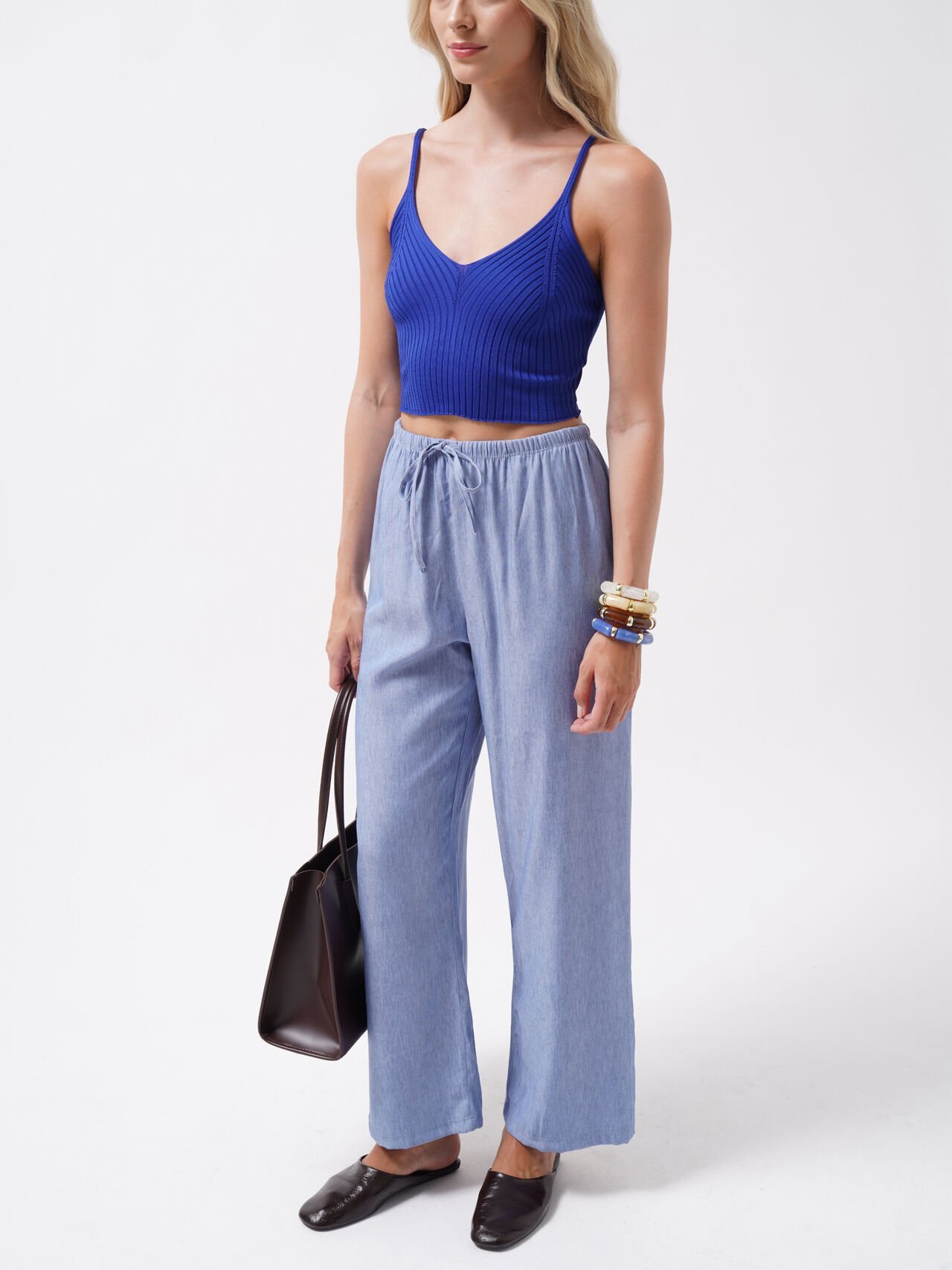 Toptan V Yaka Saks Crop Bluz