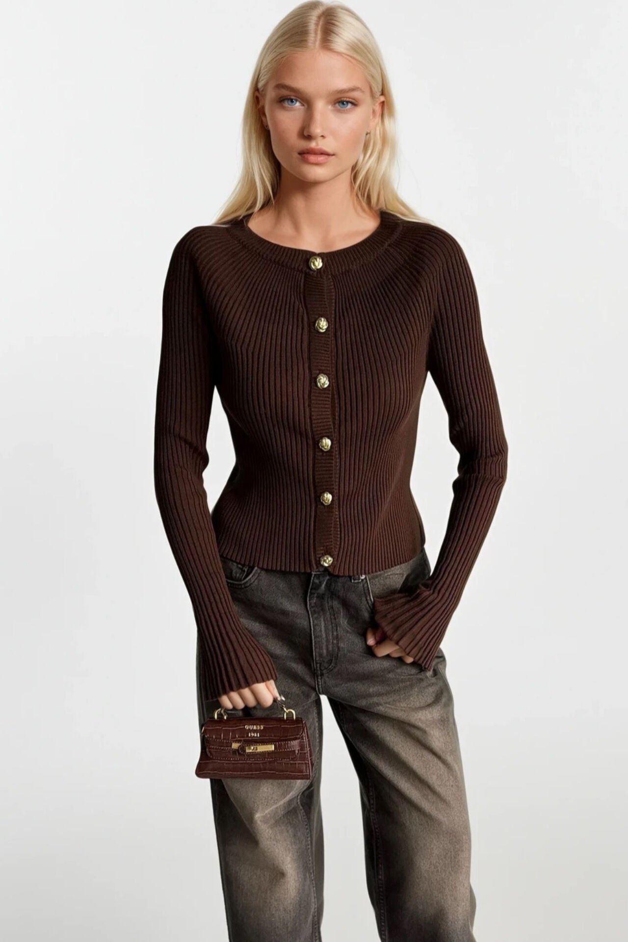 Toptan Volan Kol Gold Düğmeli Bisiklet Yaka Kahverengi Bluz