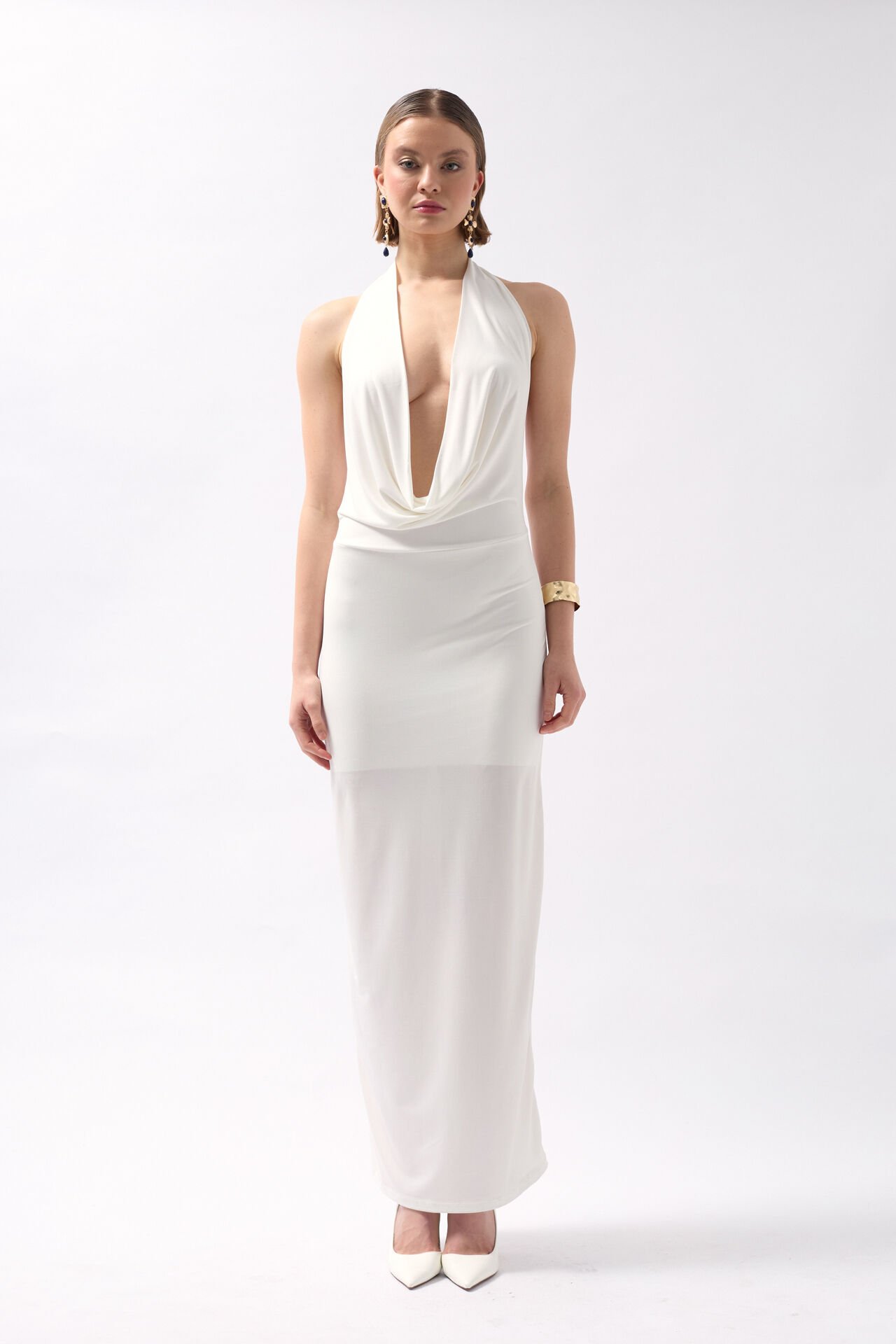 Wholesale Shawl Collar Low Cut White Dress