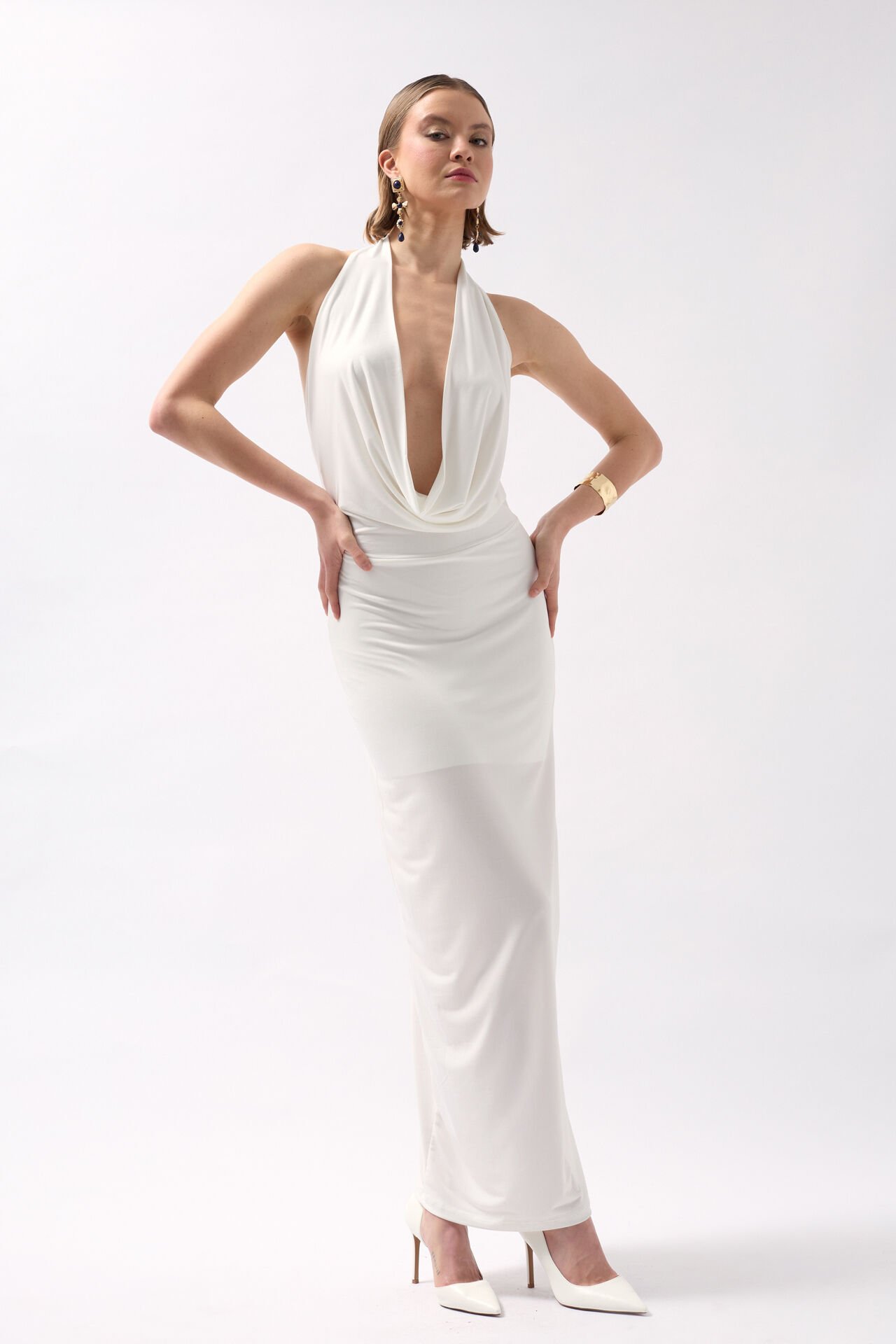 Wholesale Shawl Collar Low Cut White Dress
