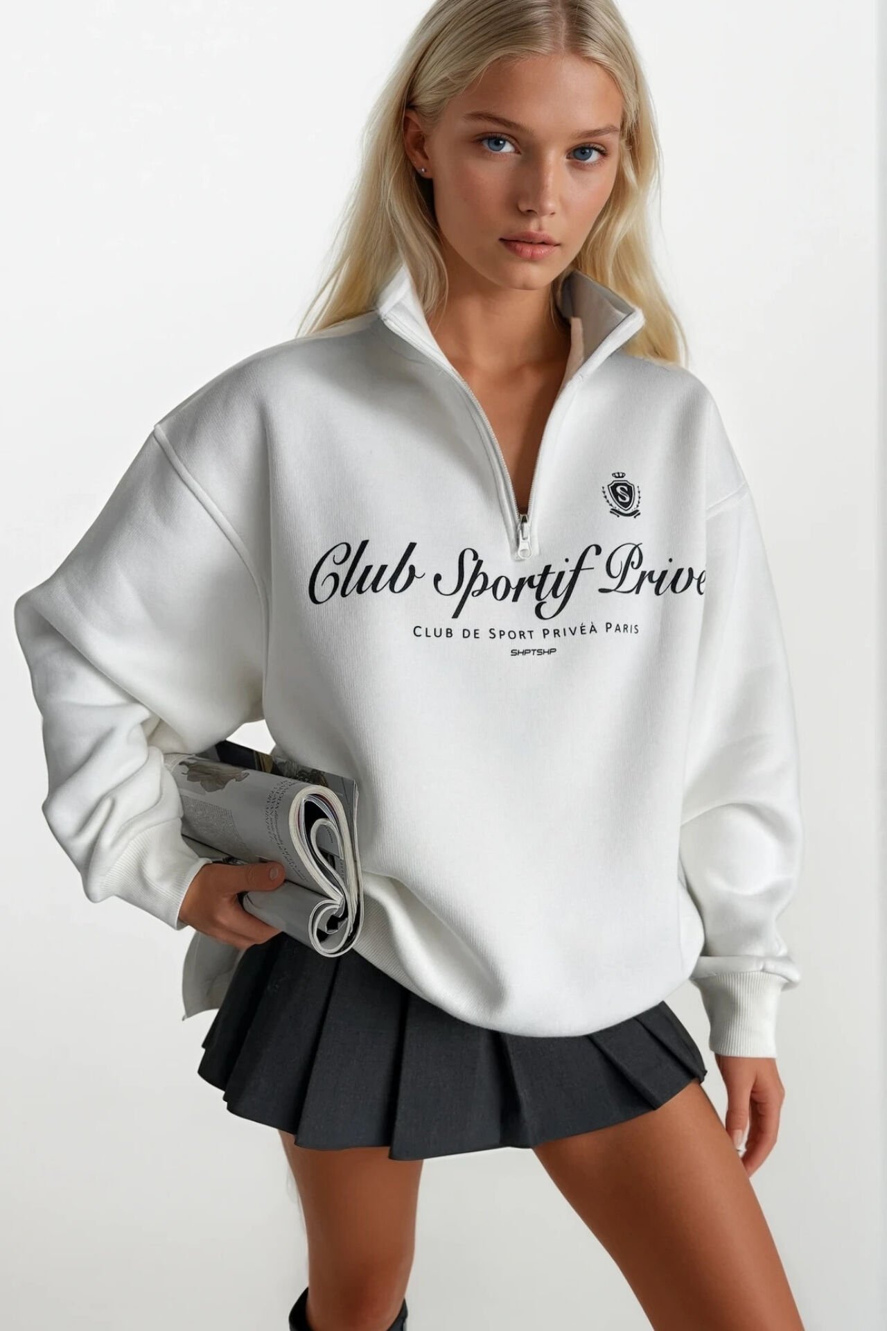 Toptan Fermuar Detay Baskılı Ekru Sweatshirt