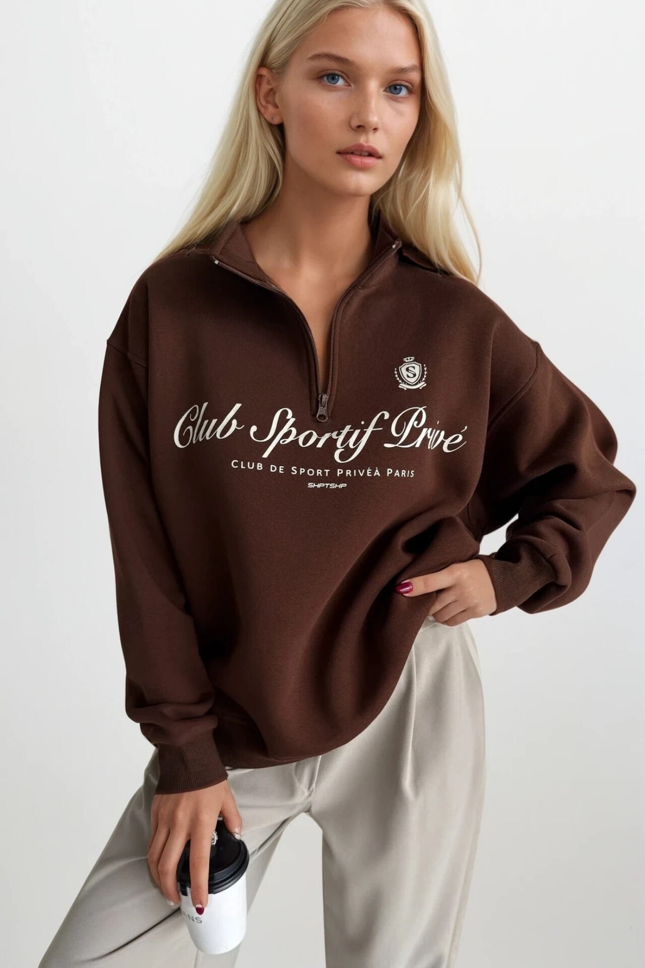 Toptan Fermuar Detay Baskılı Kahverengi Sweatshirt