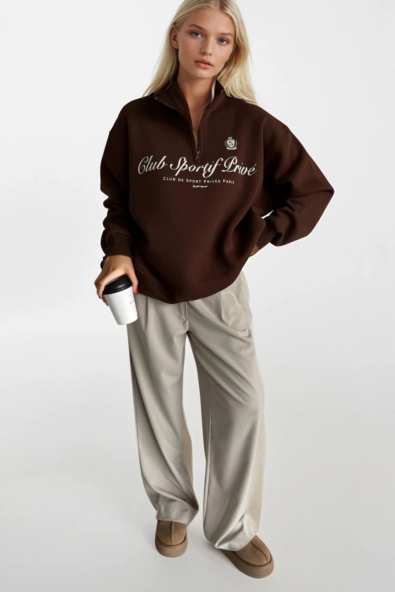 Toptan Fermuar Detay Baskılı Kahverengi Sweatshirt