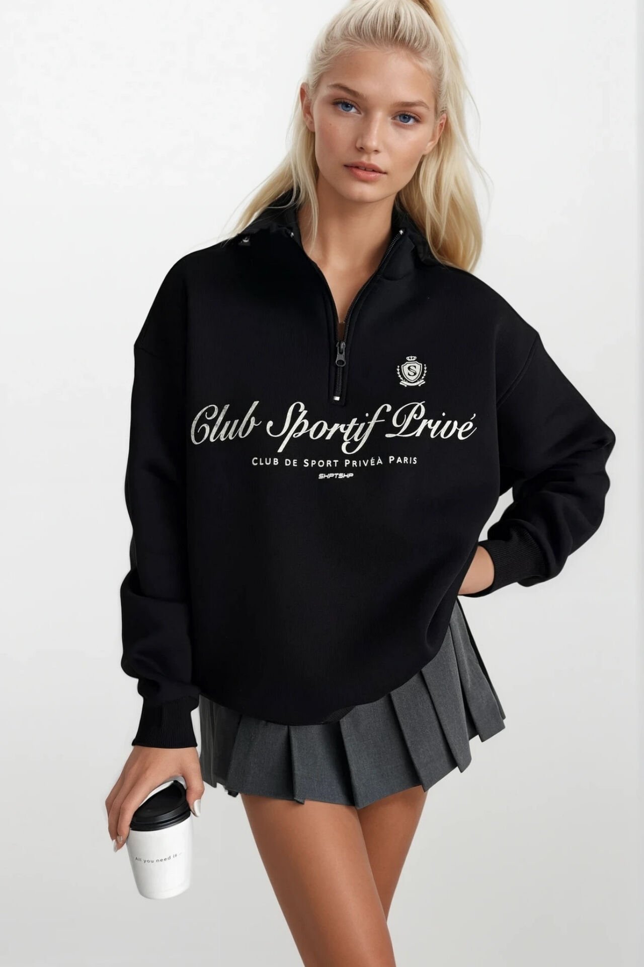 Toptan Fermuar Detay Baskılı Siyah Sweatshirt